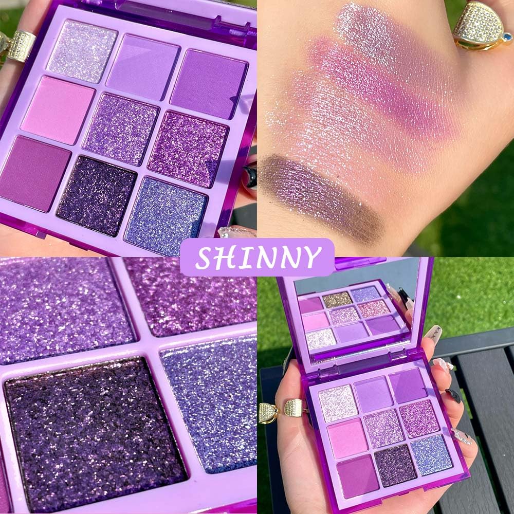 evpct 9 Colors Purple Glitter Eyeshadow Palette, Lavender Violet Purple Pink Glitter Metallic Shimmer Sparkly Eye Shadow Palette Makeup for Older Women Blue Eyes, Waterproof Highly Pigmented Eyeshadow - Image 6