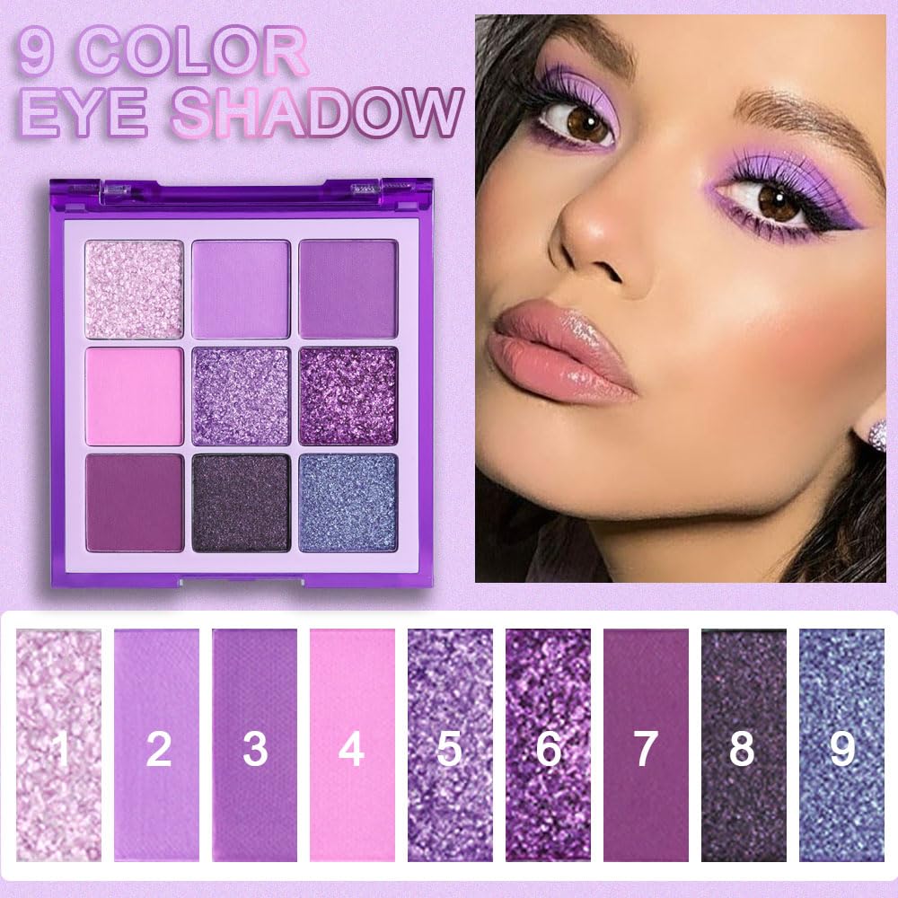 evpct 9 Colors Purple Glitter Eyeshadow Palette, Lavender Violet Purple Pink Glitter Metallic Shimmer Sparkly Eye Shadow Palette Makeup for Older Women Blue Eyes, Waterproof Highly Pigmented Eyeshadow - Image 3