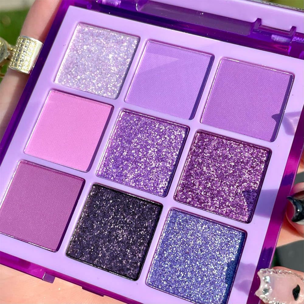 evpct 9 Colors Purple Glitter Eyeshadow Palette, Lavender Violet Purple Pink Glitter Metallic Shimmer Sparkly Eye Shadow Palette Makeup for Older Women Blue Eyes, Waterproof Highly Pigmented Eyeshadow - Image 2