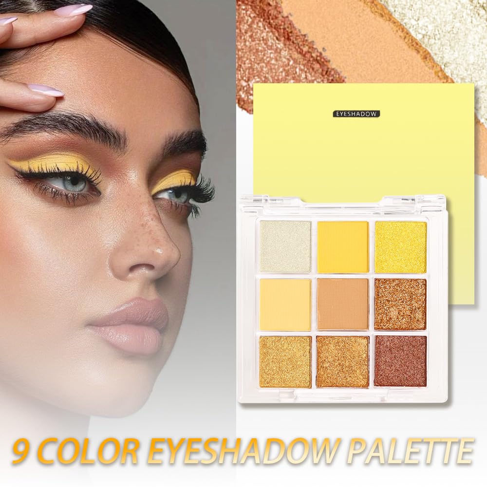 evpct 9 Colors Yellow Gold Bronze Cocoa Maroon Glitter Shimmer Matte Eye Shadow Palette Makeup, Highly Pigmented Waterproof Yellow Gold Bronze Cocoa Maroon Shimmer Sparkling Party Eyeshadow Palette - Image 3