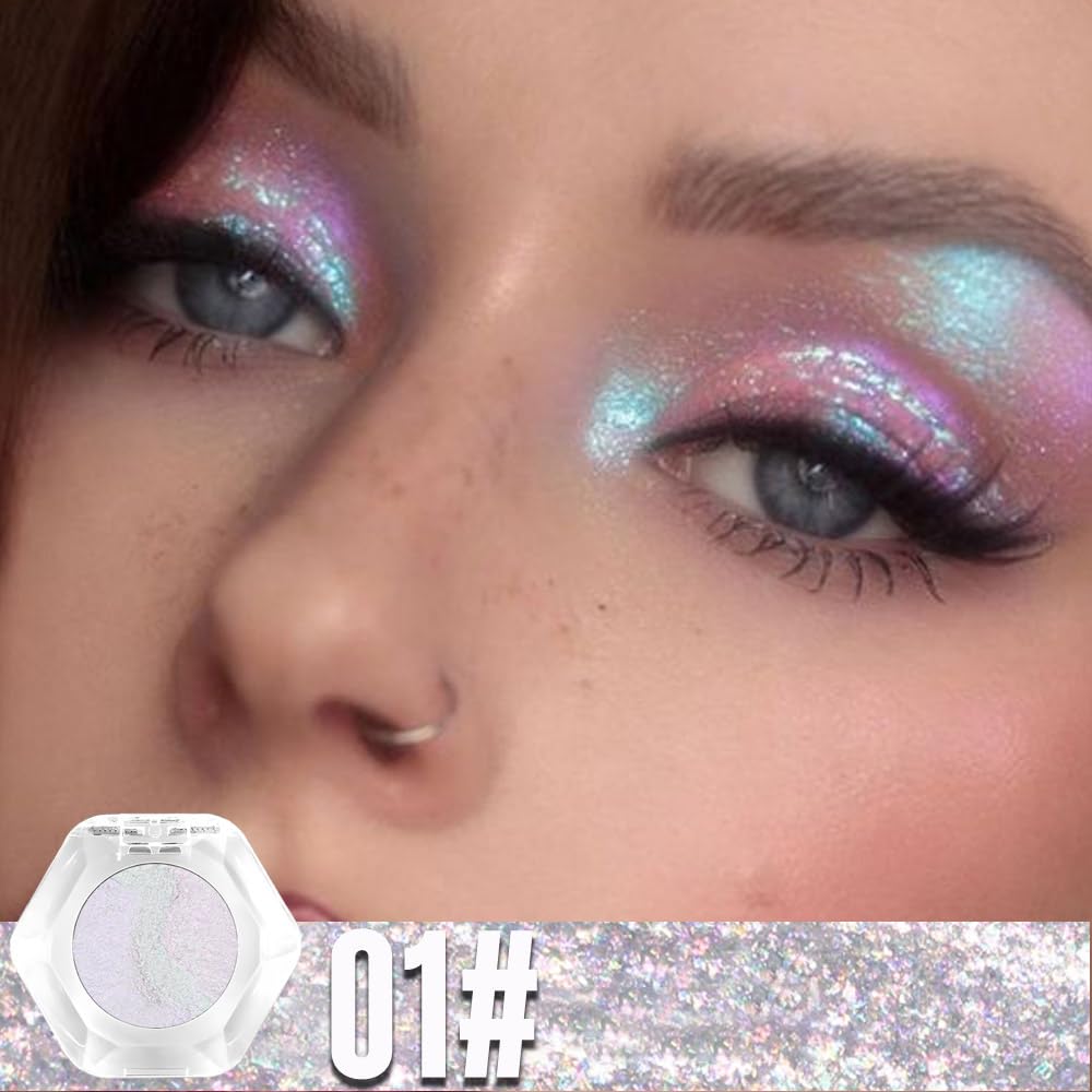 evpct Pearl White Glitter Holographic Iridescent Sparkly Eyeshadow Palette Makeup, White Pink Shimmer Glitter Loose Powder Single Eyeshadow Palette, Chameleon Multichrome Eye shadow Makeup Highlighter - Image 2