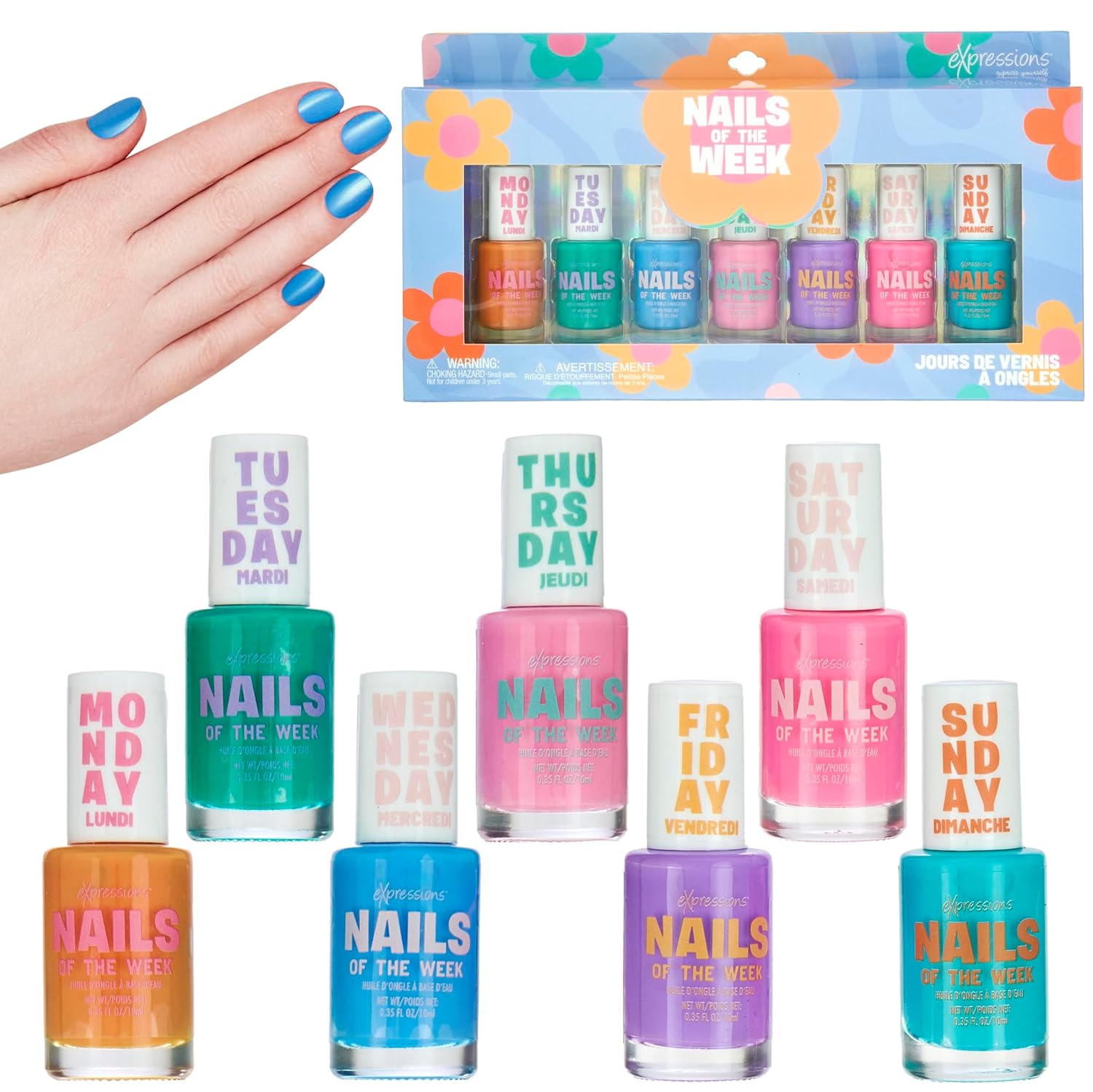 EXPRESSIONS 7pc Nails Of The Week Kit - Colorful Nail Polish Set For Girls - Assorted Bright & Vibrant Nail Polishes, Water-Based Nail Polish, Safe and Non Toxic Manicure Set & Pedicure Kit