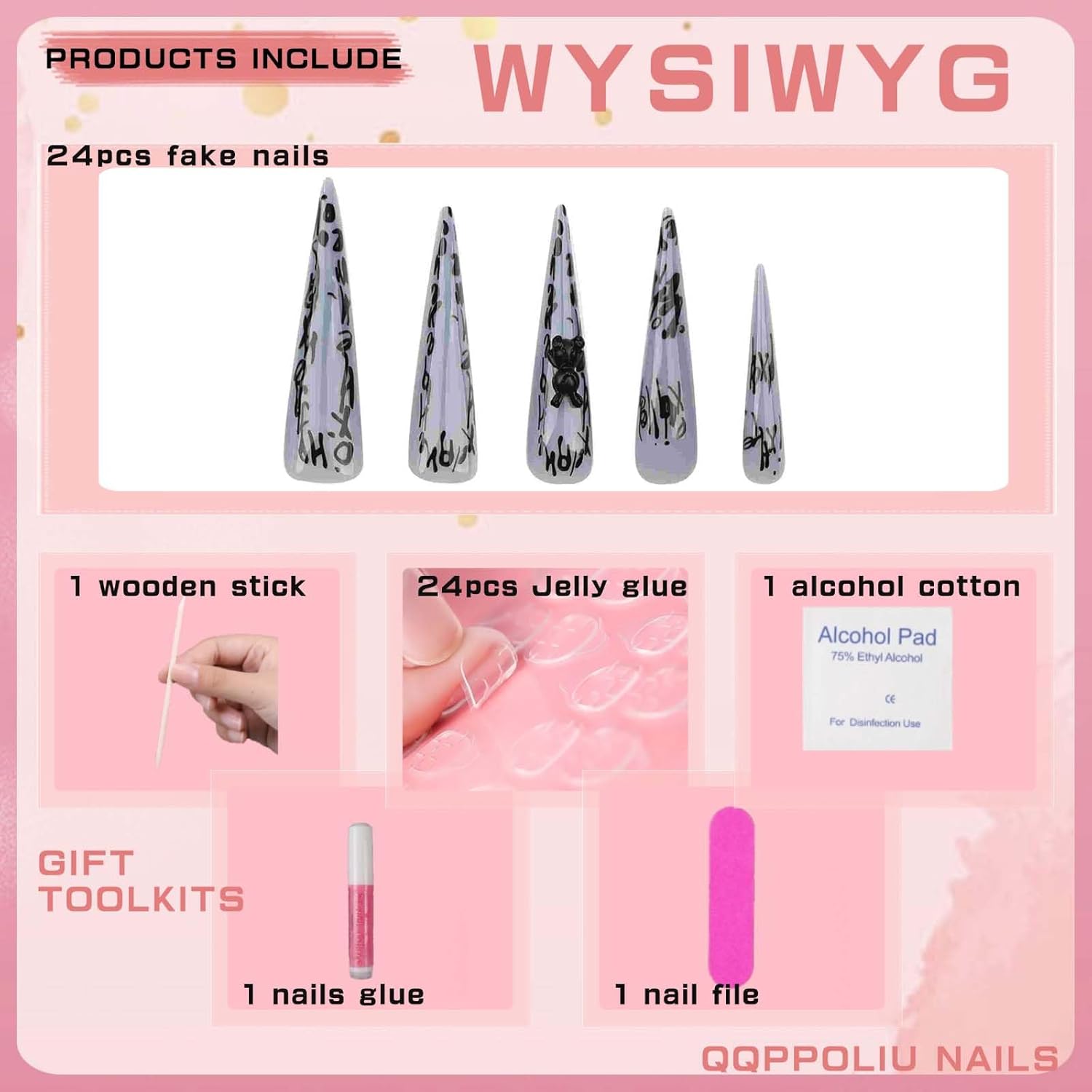 Extra Long Press On Nails with Designs Fake Nails XL Long Nails Grey Acylic Nails for Women and Girls - Image 4