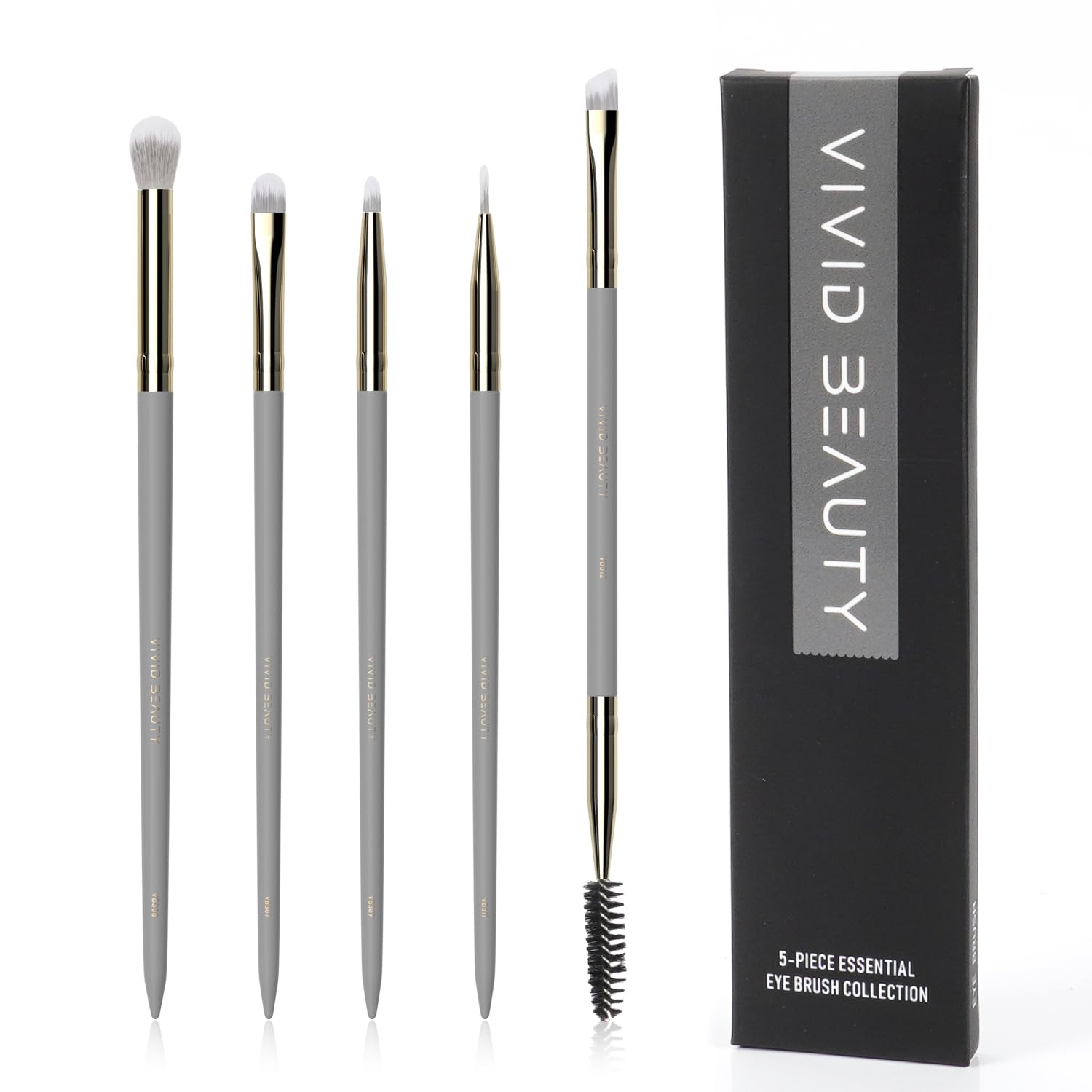 Eye Makeup Brush Set 5pcs - Eyeshadow, Blending, Concealer & Dual-Ended Brow Brushes - Small Travel Make up Tools with Wood Handle & Fluffy Bristles for Natural, Smoky and Glam Eyes Looks (Grey)