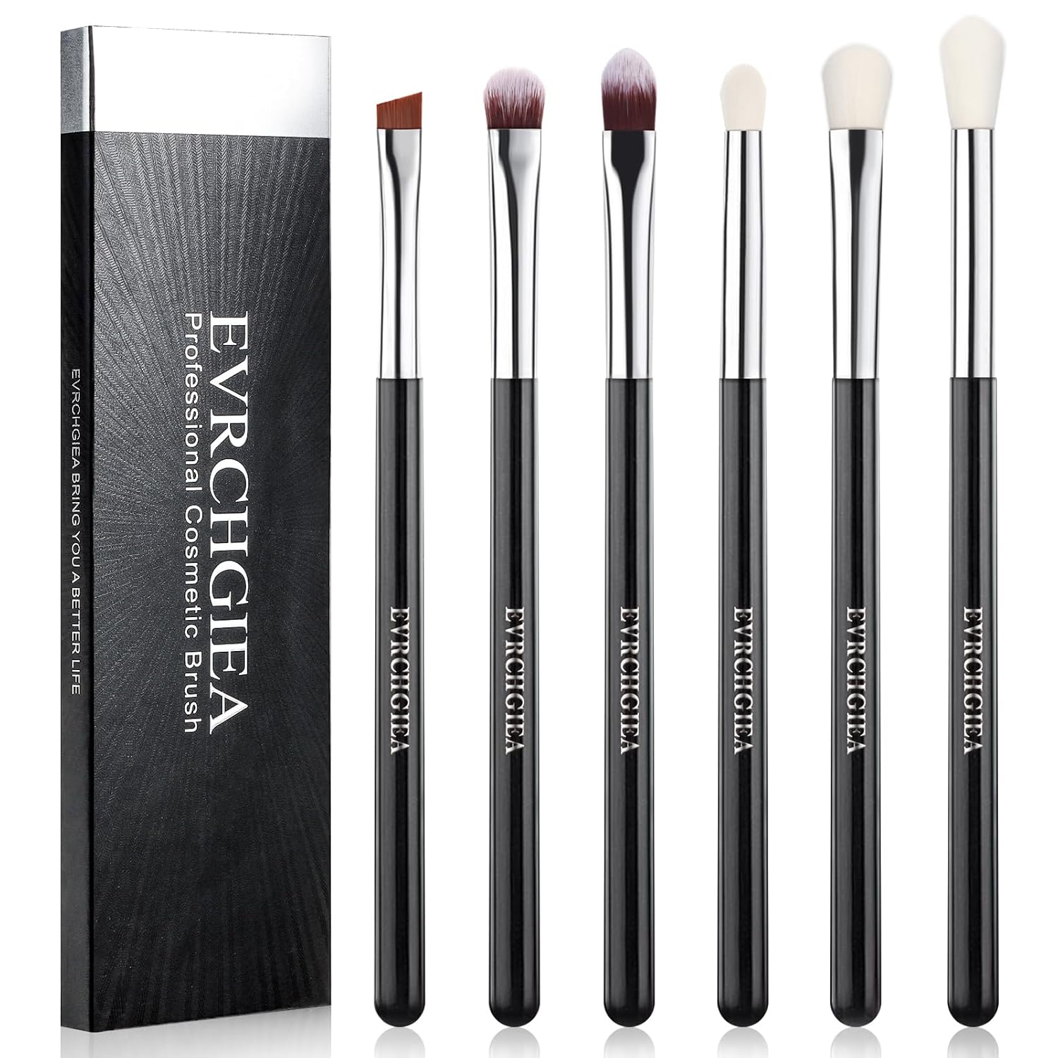 Eye Makeup Brushes, 6 Pcs Professional Blending Eyeshadow Makeup Brushes Set for Concealer Eye shadow Eyebrows Eyeliner, Soft Hairs & Wood Handle (black and silver)