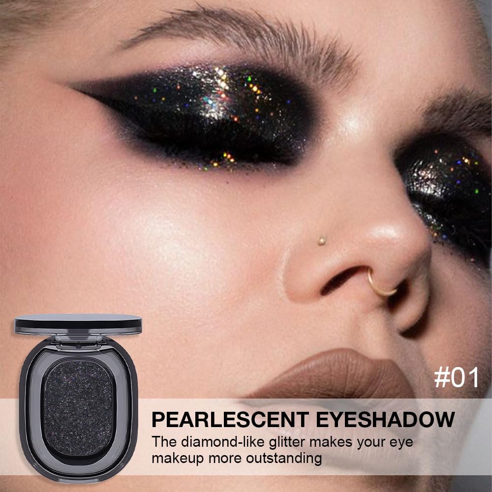Eye shadow low saturation delicate long-lasting eye shadow palette, Monochrome Glittler Eyeshadow, pressed glitter eyeshadow, Glittle Pressed Powder Single Vegan Eyeshadow, (01 Glittle Black) - Image 2