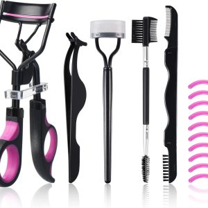 Eyelash Curlers Kit for Women w Lash Curler, Eyelash Comb Seperator, 3 in1 Mascara Brushes, Eyelash Extension Tweezers, Foldable Eyebrow Brush and Comb, 10 Silicone Refills Pads