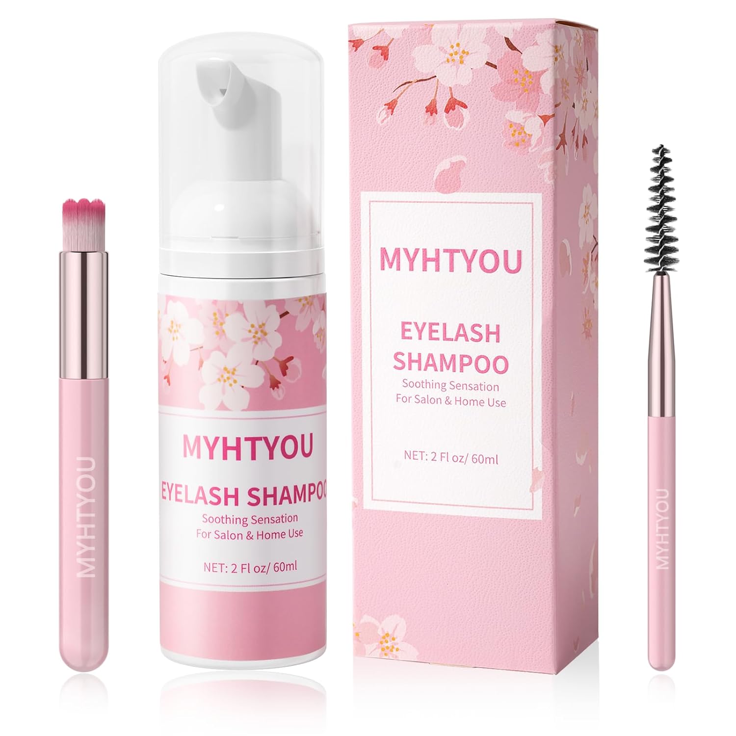 Eyelash Extension Cleanser, BREYLEE Upgraded Eyelash Extension Shampoo 60ML+Mascara Wand+Brush Eyelash Foam Cleanser For Extensions and Natural Lashes