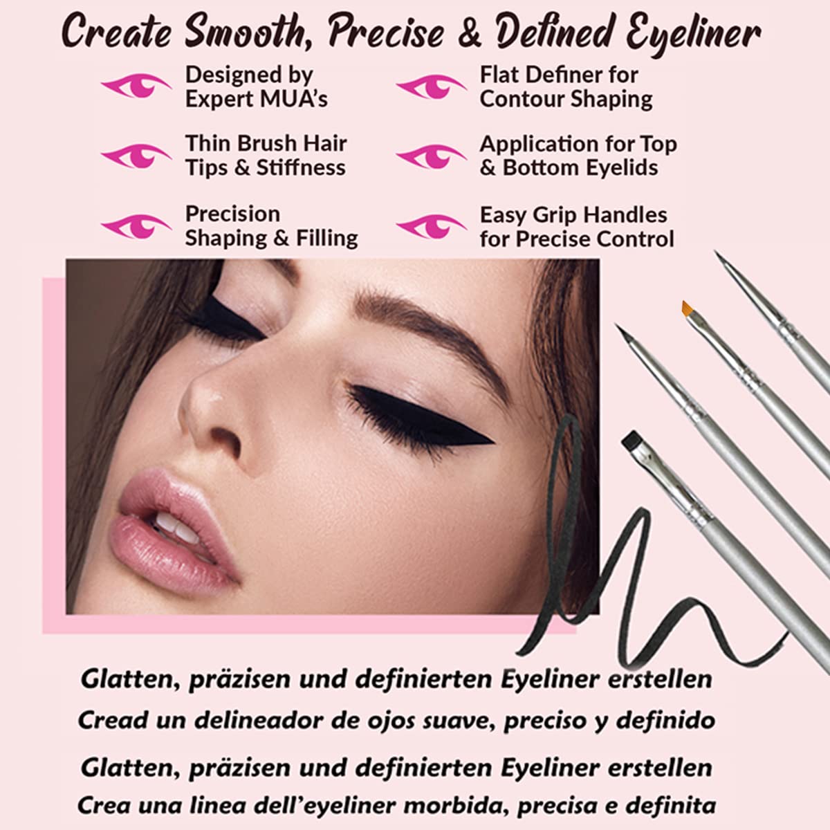 Eyeliner Brush Fine Angled Set - For Liquid Gel Liner Applicator Bent Stencils Thin Pencil Pen Real Small Sharpener Angle Wing Tips Firm Makeup Brushes Black Stamp Winged Kit Flat Waterproof Cat Eye - Image 4