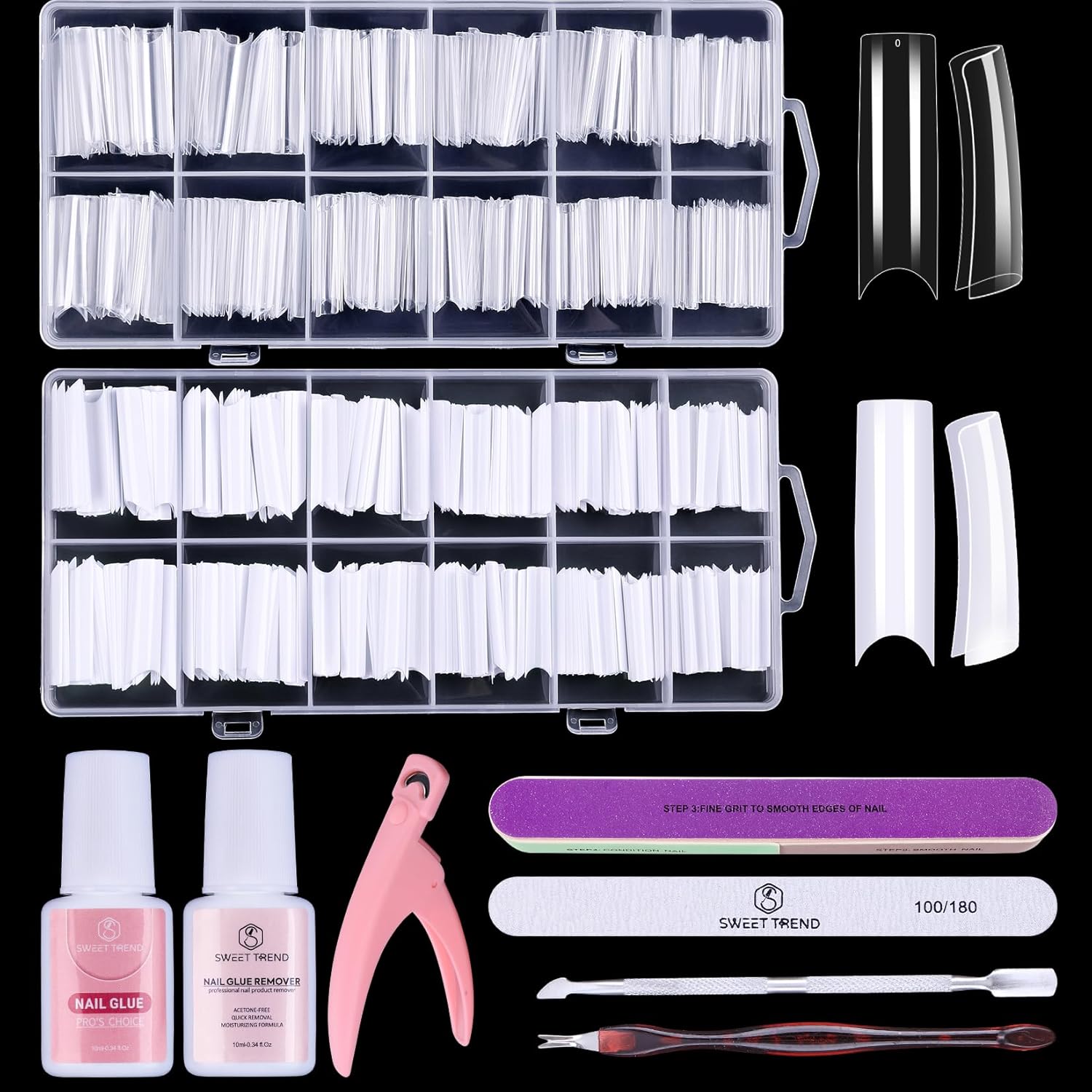 Fake Nail Tips White Clear: Sweet Trend No C Curve Tapered Square Nail Tips for Acrylic Nails - 480Pcs 12 Sizes Extra Long Straight Nail Extension Kit - with Glue Remover & Glue Acrylic Clippers Set