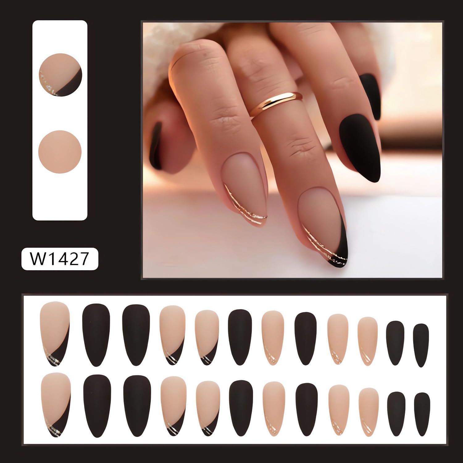 Fall Press on Nails Medium Fake Nails, LPOODDNU Winter Press on Nails Almond Shape False Nail Tips Black Nude Glue on Nails Cute Stick on Nails French Manicure Decorations for Women, 24Pcs - Image 2