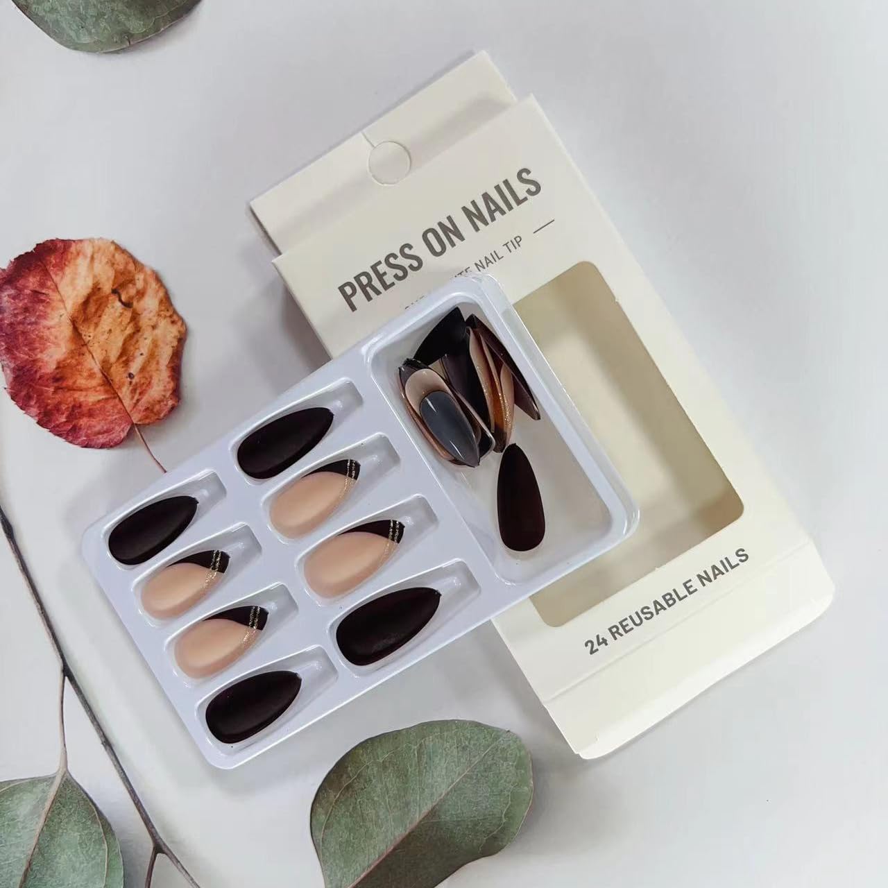 Fall Press on Nails Medium Fake Nails, LPOODDNU Winter Press on Nails Almond Shape False Nail Tips Black Nude Glue on Nails Cute Stick on Nails French Manicure Decorations for Women, 24Pcs - Image 3