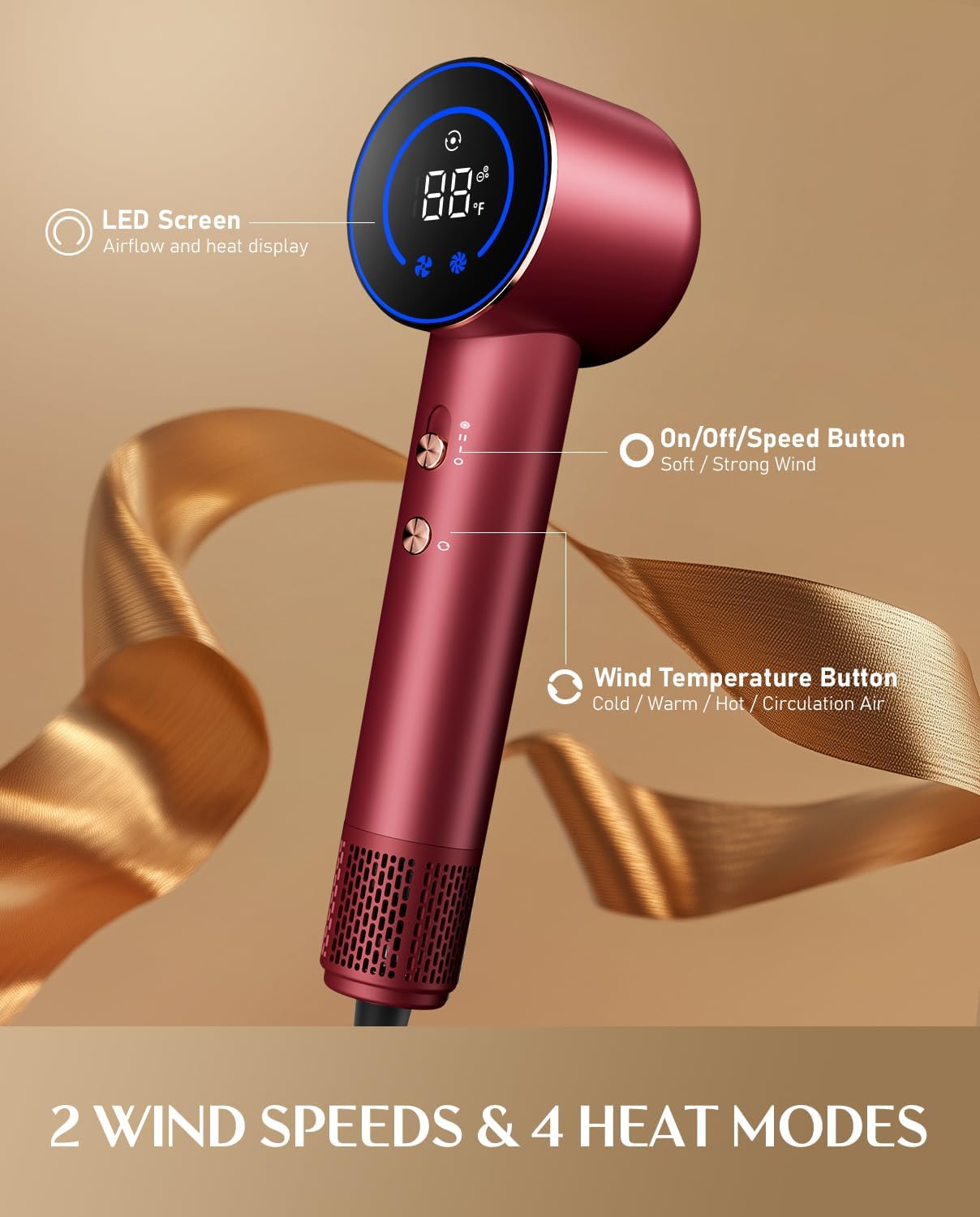 FanttikSolo SonicDry H10 APEX High-Speed Hair Dryer, 56dB Low-Noise, 0.74lb Ultra-Light Blow Dryer, 80% Faster Drying with 110,000 RPM Brushless Motor, Ionic Tech for Home, Travel, Salon - Red - Image 4