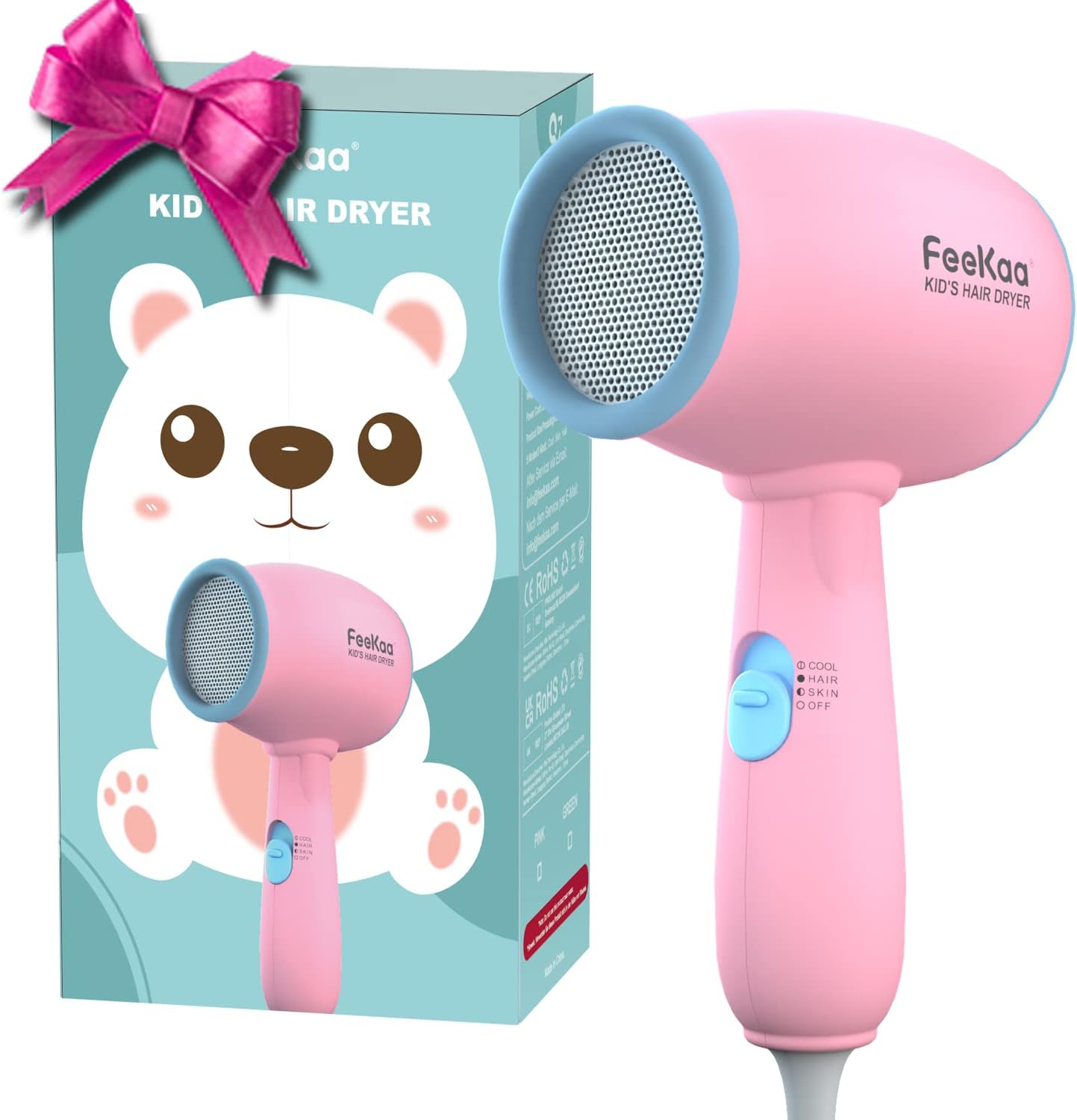 FeeKaa Kids Hair Dryer, Pink, 500 Watt, Lightweight, Gentle Heat, Safe for Kids, Anti-Scald Design