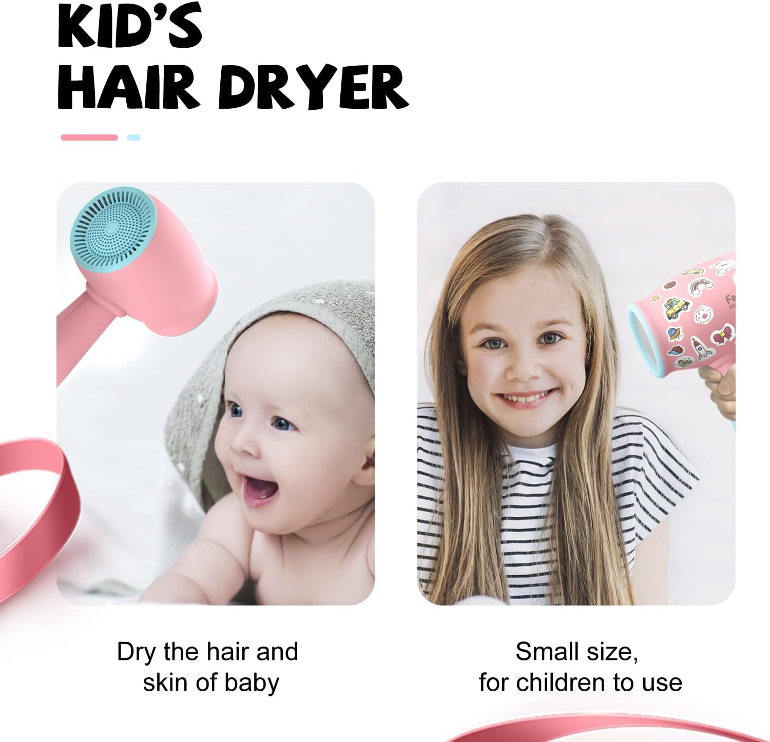 FeeKaa Kids Hair Dryer, Pink, 500 Watt, Lightweight, Gentle Heat, Safe for Kids, Anti-Scald Design - Image 2