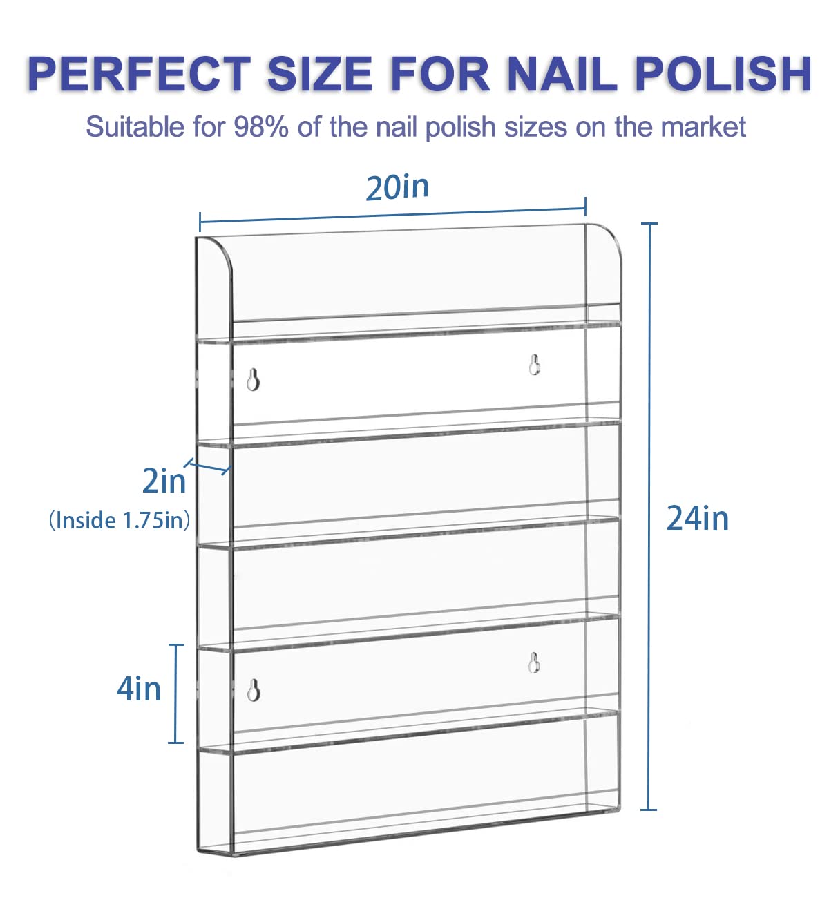 FEMELI 2 Pack Nail Polish Wall Racks 20 * 24 Inch Hold Up to 240 Bottles,Clear Acrylic Nail Polish Shelf Organizer Wall Mounted 6 Rows (2) - Image 2
