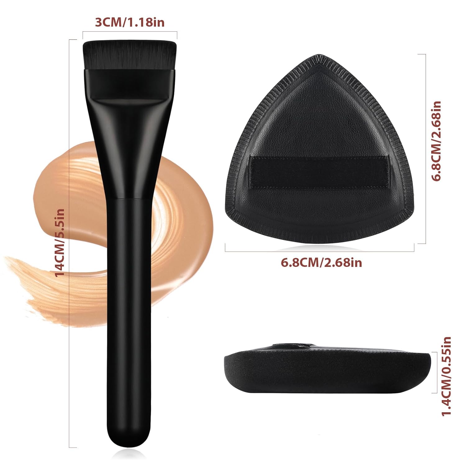 Flat Foundation Brush for Liquid Makeup with Powder Puff Fast Flawless Flat Top Kabuki Makeup Brushes Face Cosmetics Concealer Brush for Liquid, Blending, Powder, Cream, Blush, Buffing Black - Image 3