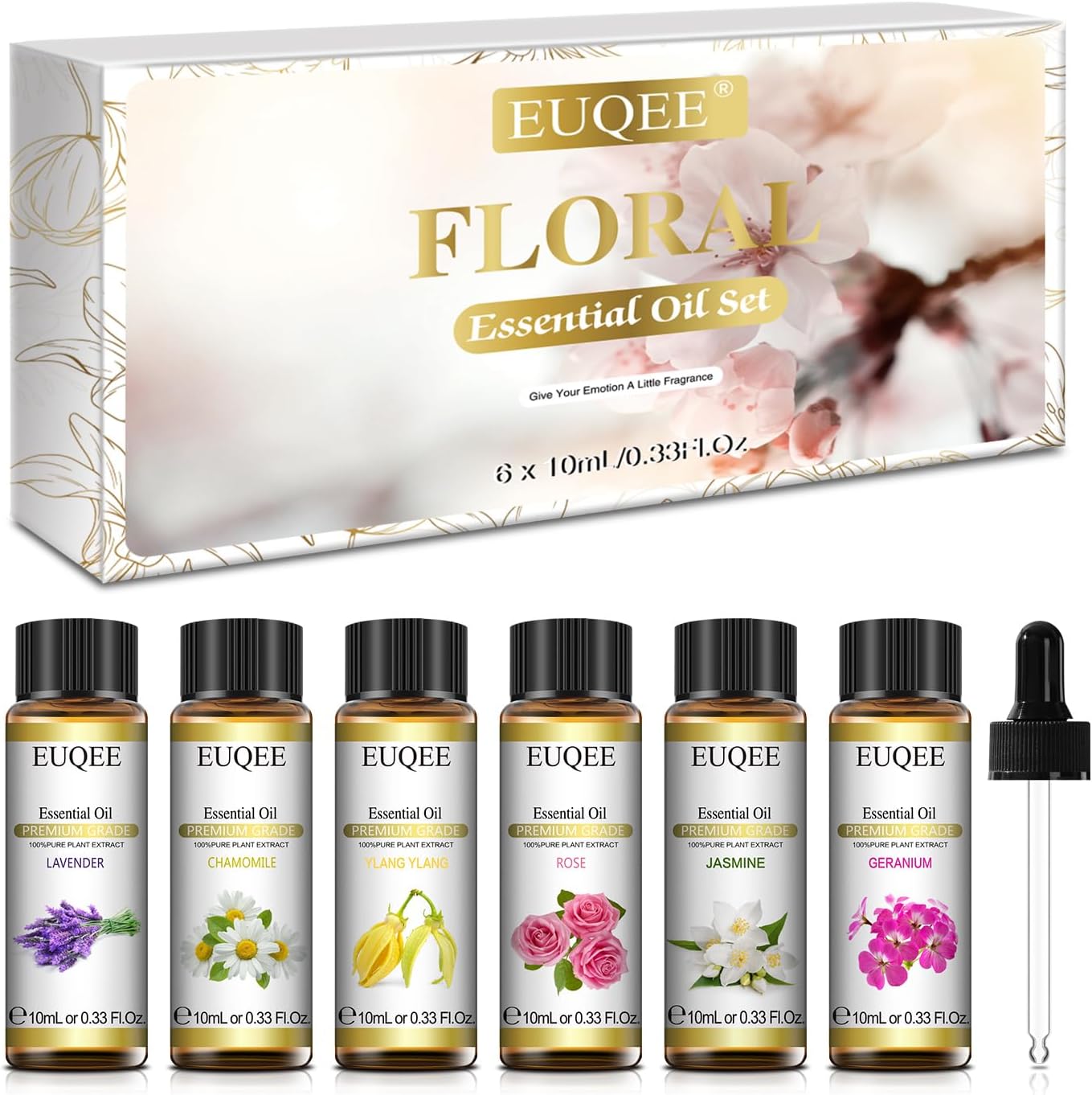 Floral Essential Oils Set of 6 Pure Essential Oil Gift Set for Diffusers, Soap & Candle Making - Lavender, Rose, Ylang Ylang, Jasmine, Geranium, Chamomile Aromatherapy Oils - 10ml