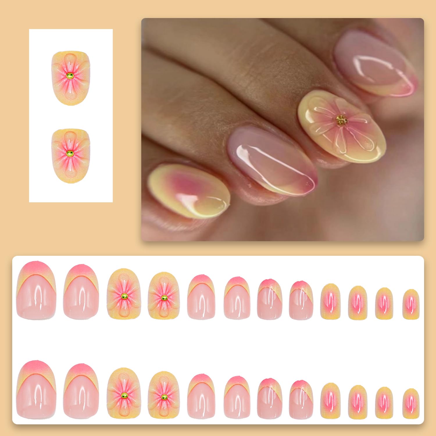 Flower Almond Shaped Press on Nails Summer Short False Nails with 3D Embossed Design Pink Yellow Gradient Fake Nails Glossy Full Cover Acrylic Nails Stick on Nails for Women Nail Decorations 24 Pcs - Image 2