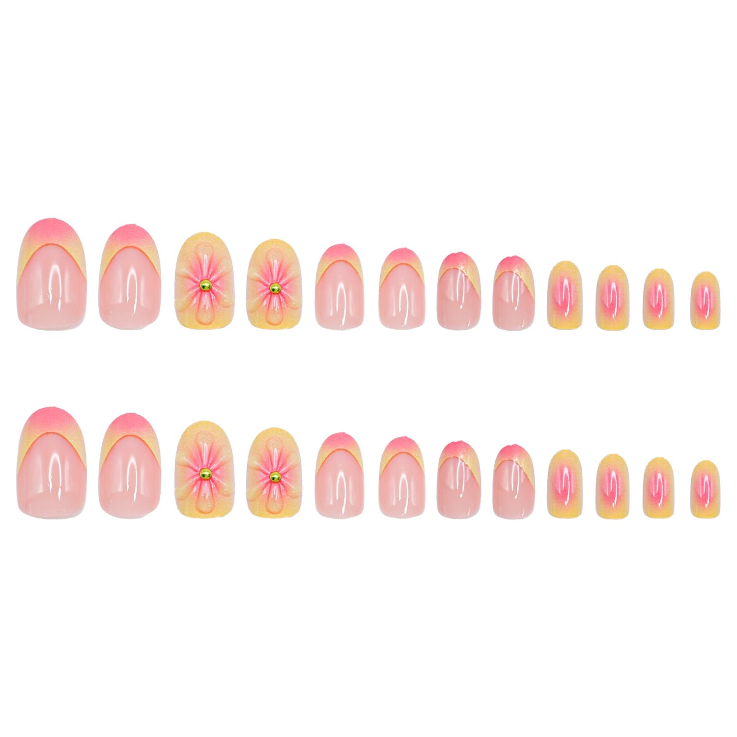 Flower Almond Shaped Press on Nails Summer Short False Nails with 3D Embossed Design Pink Yellow Gradient Fake Nails Glossy Full Cover Acrylic Nails Stick on Nails for Women Nail Decorations 24 Pcs - Image 3