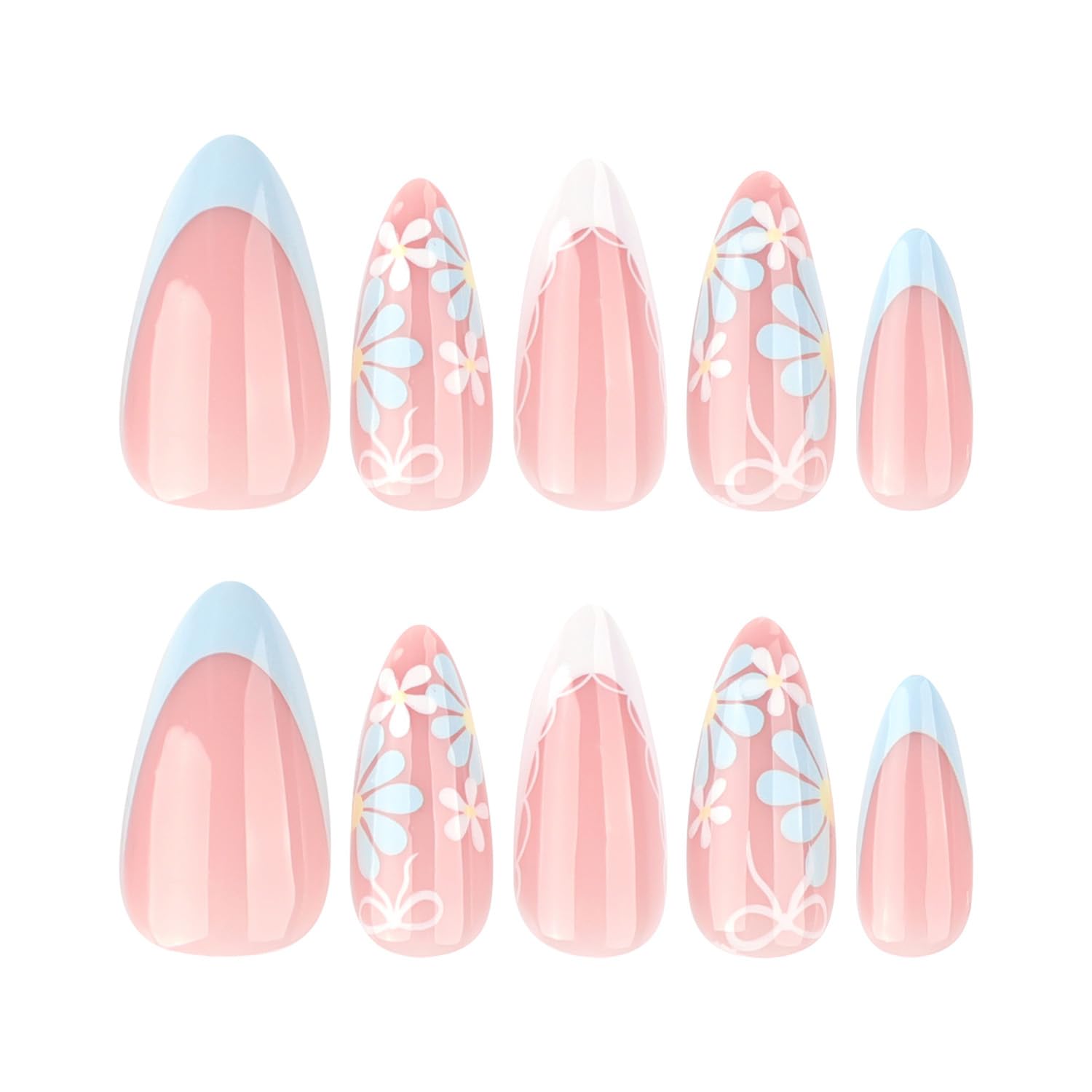 Flower Fake Nails Almond Daisy Press on Nails, White Blue French Tip Press on Nails Full Cover Glossy False Nails with Designs Spring Summer Acrylic Nails for Women DIY Manicure Decorations - Image 5
