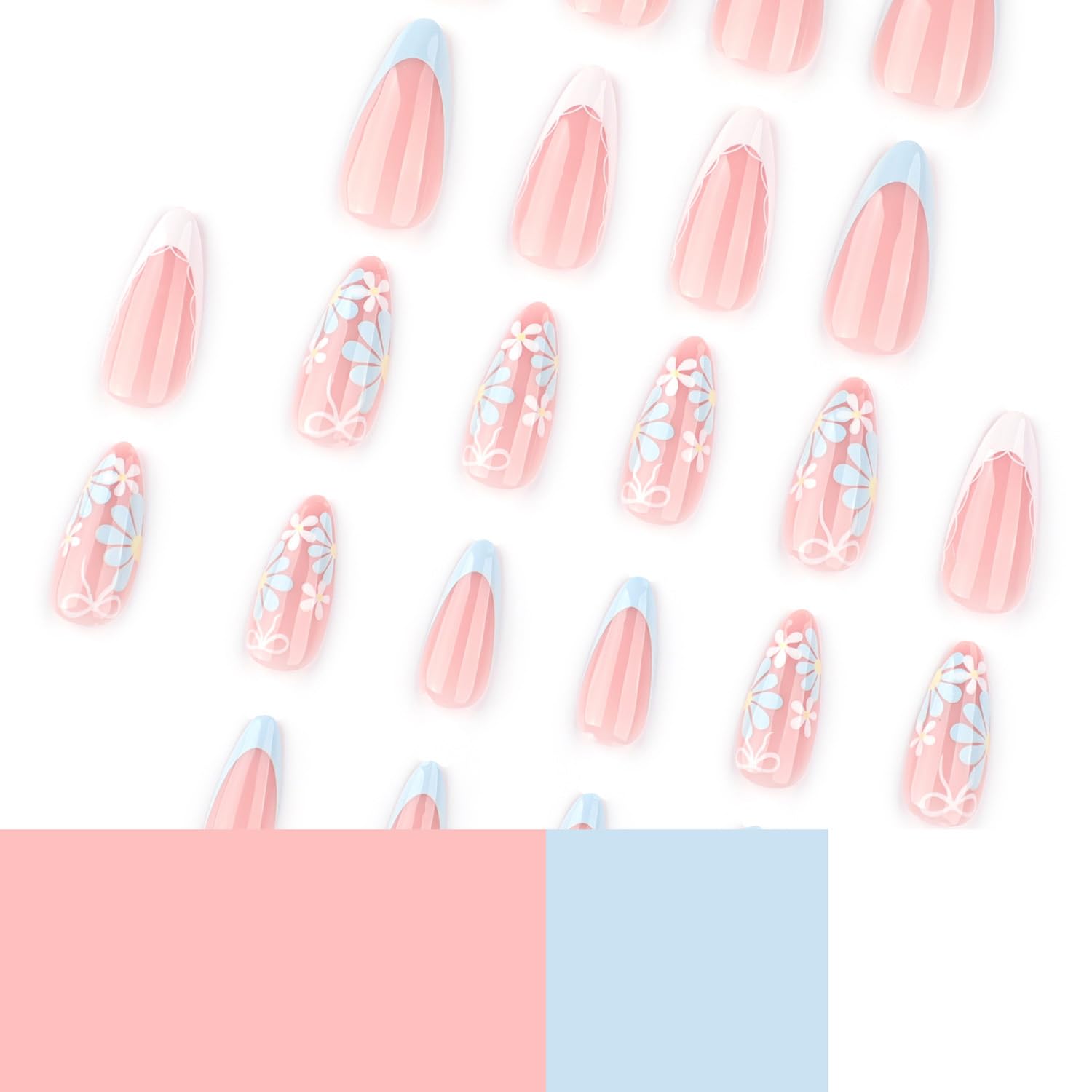 Flower Fake Nails Almond Daisy Press on Nails, White Blue French Tip Press on Nails Full Cover Glossy False Nails with Designs Spring Summer Acrylic Nails for Women DIY Manicure Decorations - Image 4