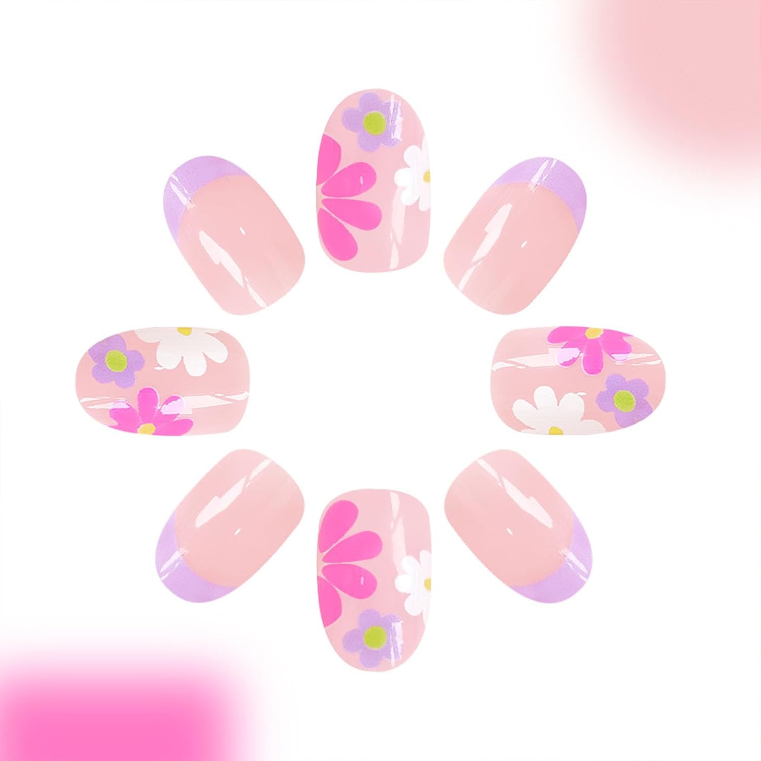 Flower Press on Nails Short Almond Fake Nails French Tip Nails Press ons Colorful Flowers Acrylic Nails Nude Pink Full Cover Glue on Nails Floral False Nails for Women Girls 24 Pcs - Image 2