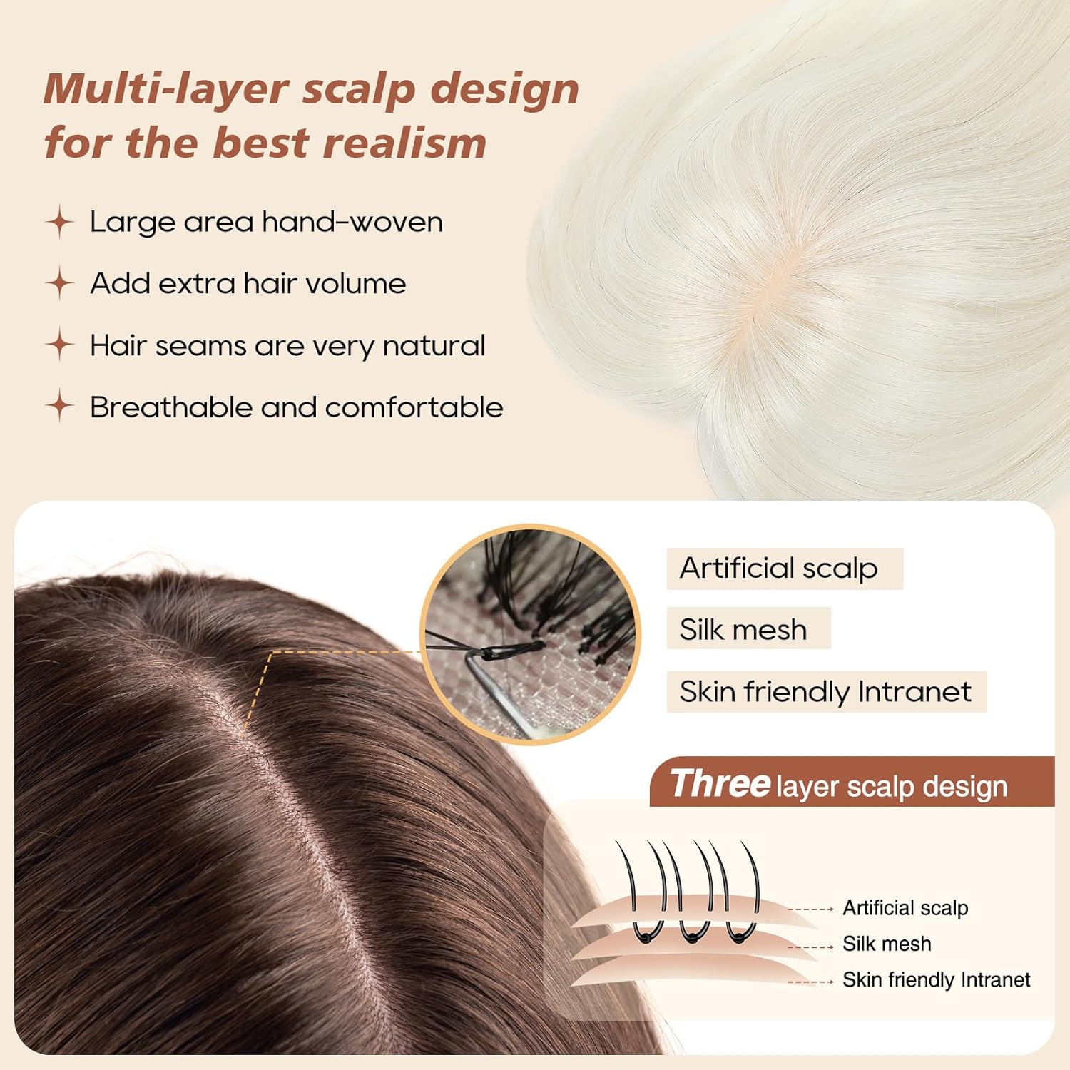 Flufymooz 100% Real Human Hair Toppers, 12 Inch Human Hair Toppers for Thinning Hair Large Hand-woven Area 360° Coverage Natural Hairpiece Wiglet for Women Daily 5"x3" Silk Base (White Blonde) - Image 4