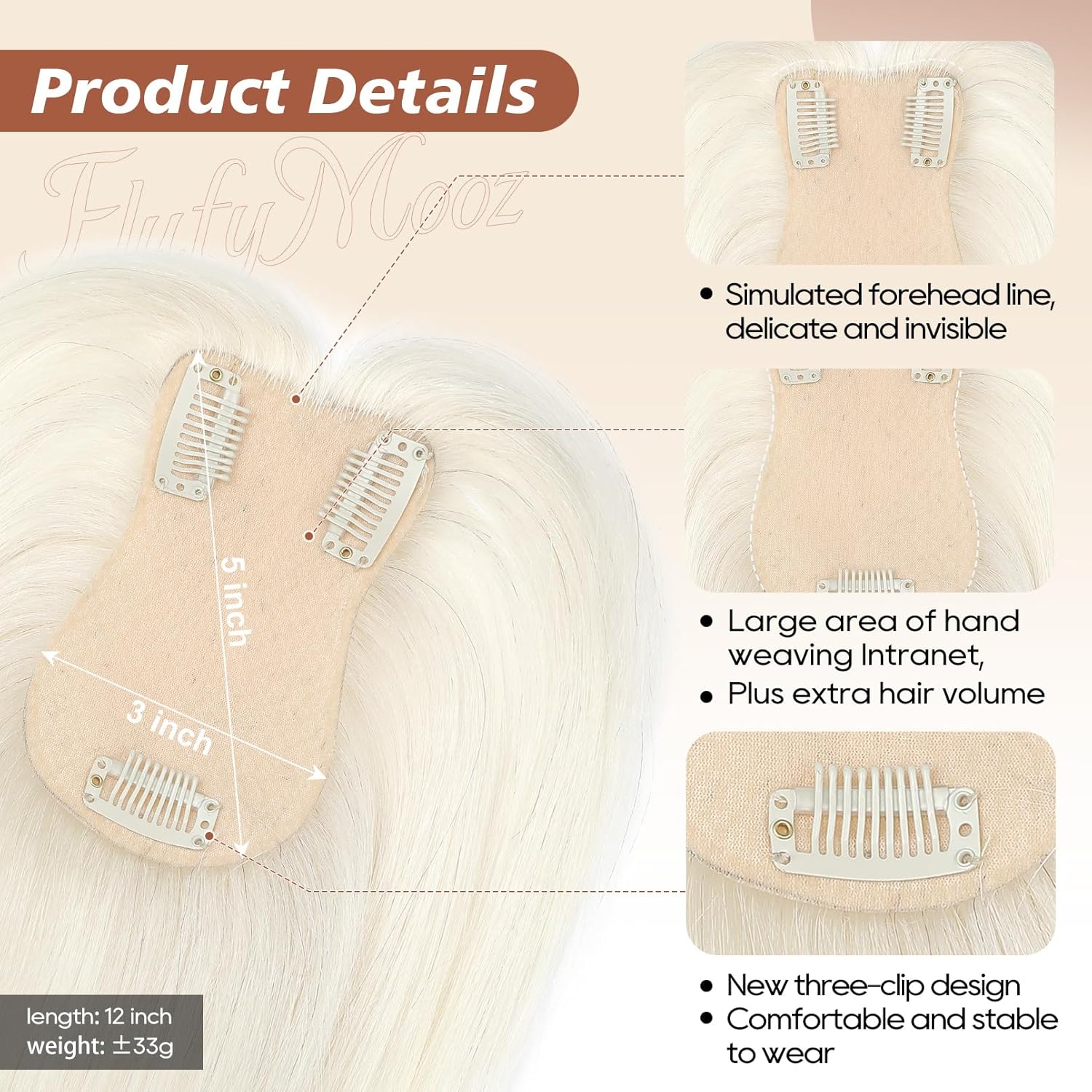 Flufymooz 100% Real Human Hair Toppers, 12 Inch Human Hair Toppers for Thinning Hair Large Hand-woven Area 360° Coverage Natural Hairpiece Wiglet for Women Daily 5"x3" Silk Base (White Blonde) - Image 3