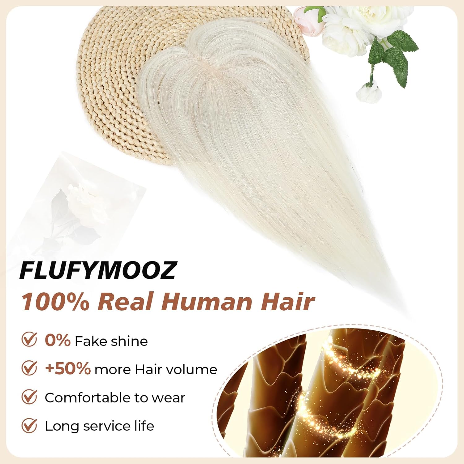 Flufymooz 100% Real Human Hair Toppers, 12 Inch Human Hair Toppers for Thinning Hair Large Hand-woven Area 360° Coverage Natural Hairpiece Wiglet for Women Daily 5"x3" Silk Base (White Blonde) - Image 2