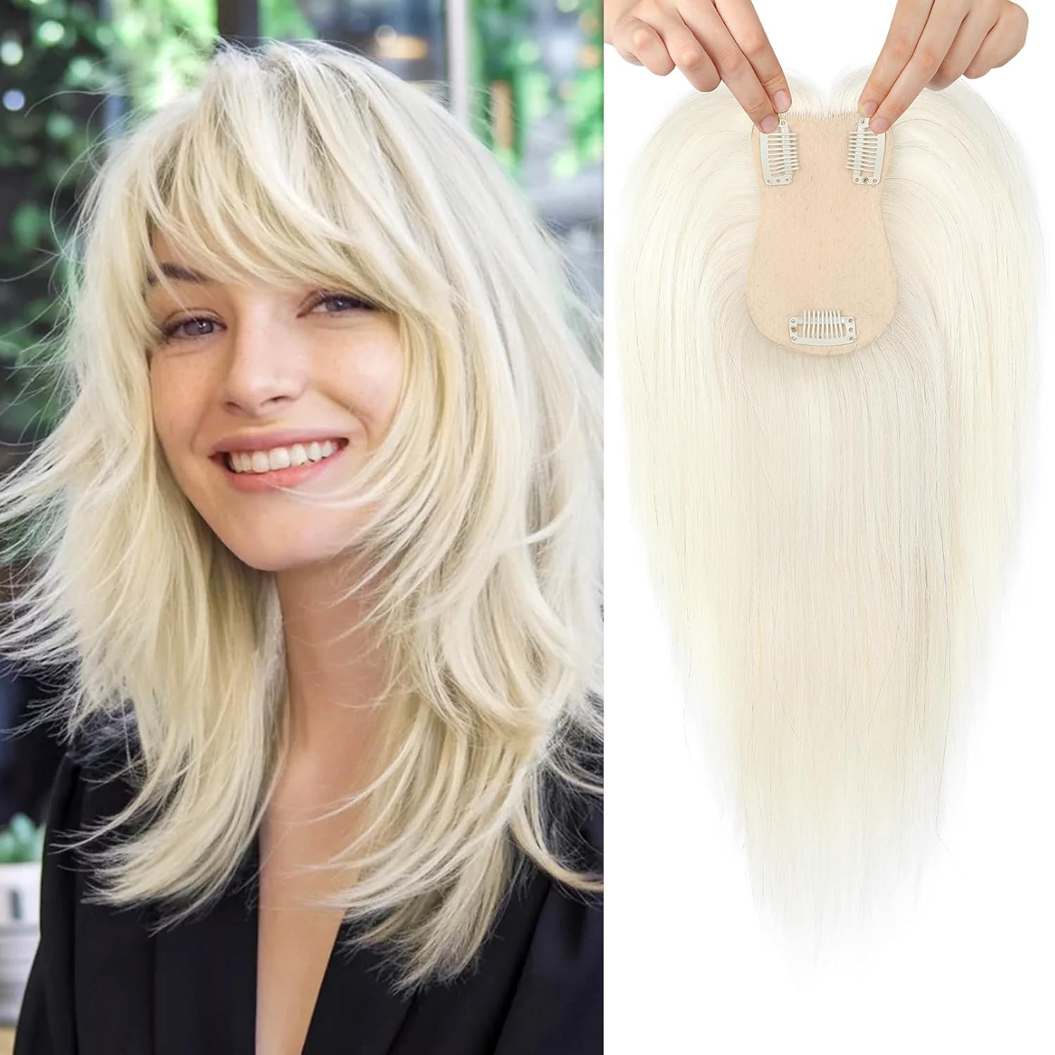 Flufymooz 100% Real Human Hair Toppers, 12 Inch Human Hair Toppers for Thinning Hair Large Hand-woven Area 360° Coverage Natural Hairpiece Wiglet for Women Daily 5"x3" Silk Base (White Blonde)