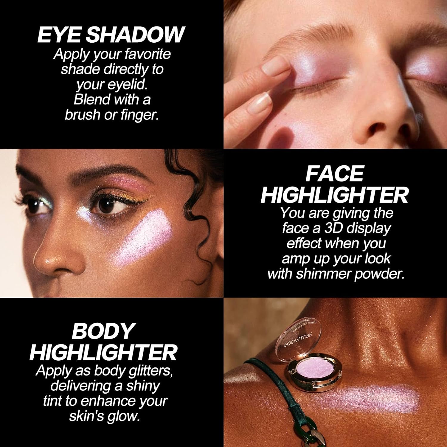FOCALLURE Eyes On Me Pressed Powder Eyeshadow, Shimmery Eye Makeup & Highlight, Long-Lasting, High Pigmented Single Shade Eye Color, Glitter Finish, Hypoallergenic, PP01 Little Pony - Image 6