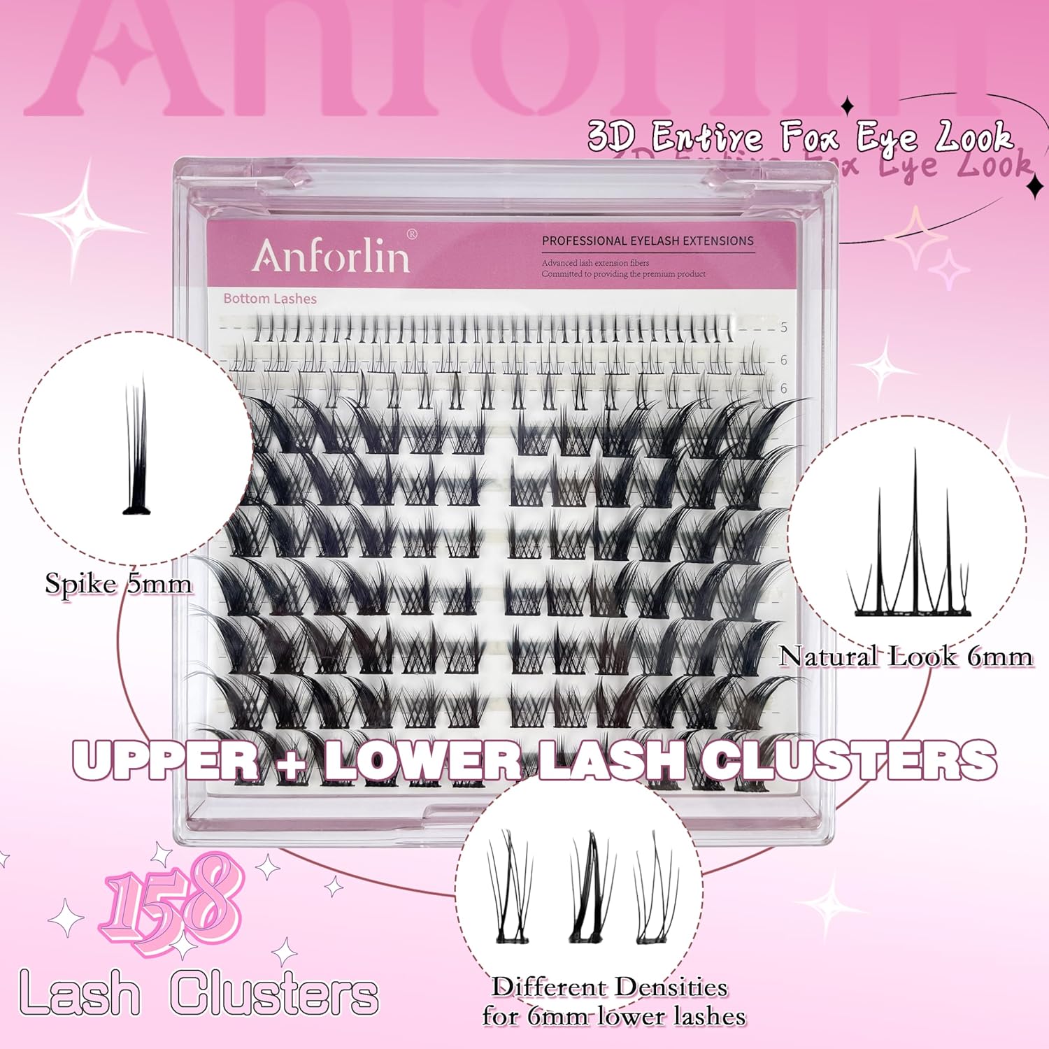 Fox Eye Lashes Fluffy Lash Clusters with Bottom Lashes C Curl False Eyelashes Left & Right Cluster Eyelash Extensions 158 PCS Individual Lashes Cat Eye Manga Lashes DIY At Home, by Anforlin - Image 3
