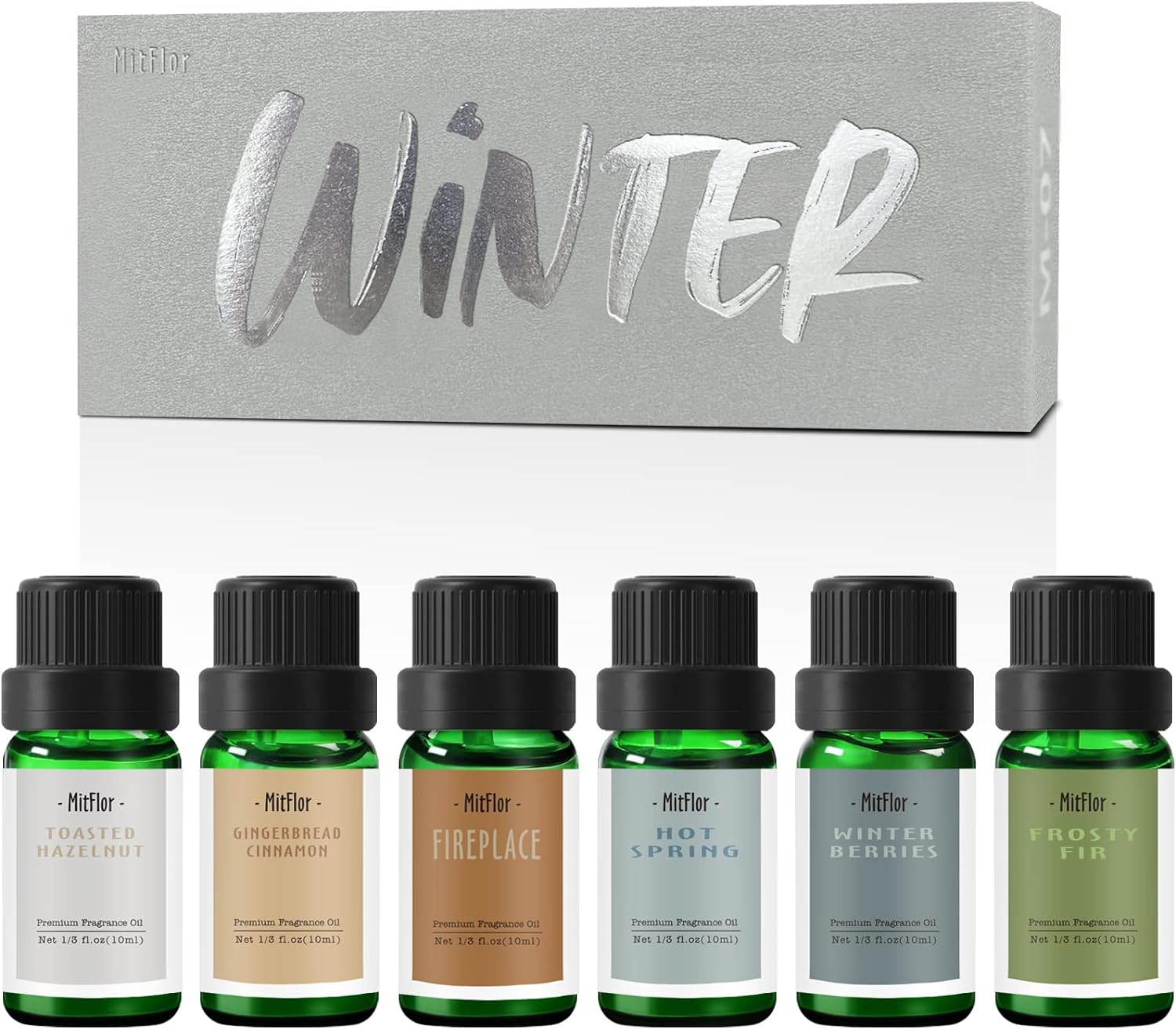 Fragrance Oils, MitFlor Winter Essential Oils for Home Diffusers, Soap & Candle Making Scents, Premium Holiday Aromatherapy Gift Set, 6 x10ml-Winter Berries, Gingerbread Cinnamon, Fireplace & More