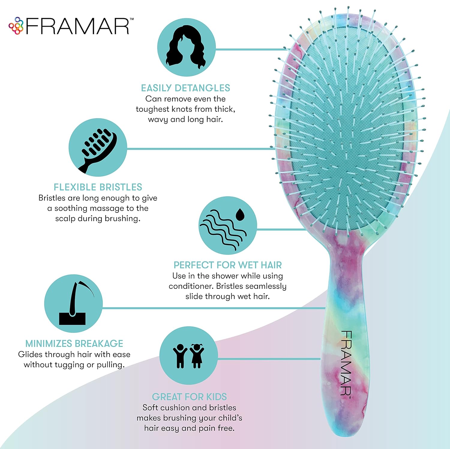 FRAMAR Purple Hair Brush Detangler, Detangling Hairbrush For Women, Wet Hair Brush For Girls, Hair Detangler Brush, Wet Hairbrush, Hairbrushes, Girls Hairbrush Detangler, Reduces Frizz – Tie Dye - Image 3