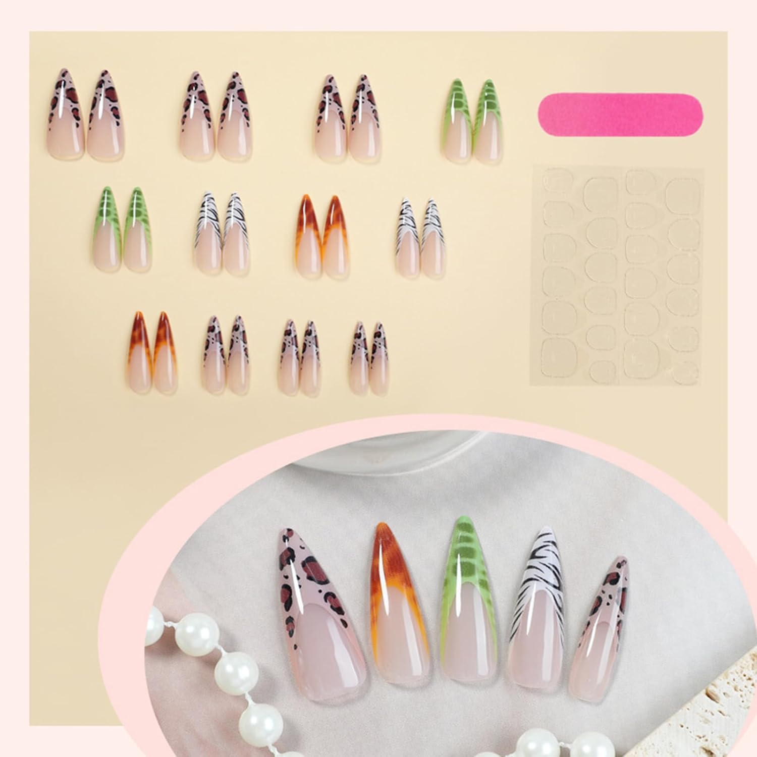 French Tip Press on Nails Almond Fake Nails with Animal Print Designs Leopard Zebra Tortoise False Nails Glossy Glue on Nails Acrylic Nails Full Cover Long Stick on Nails for Coquette Women 24Pcs - Image 5