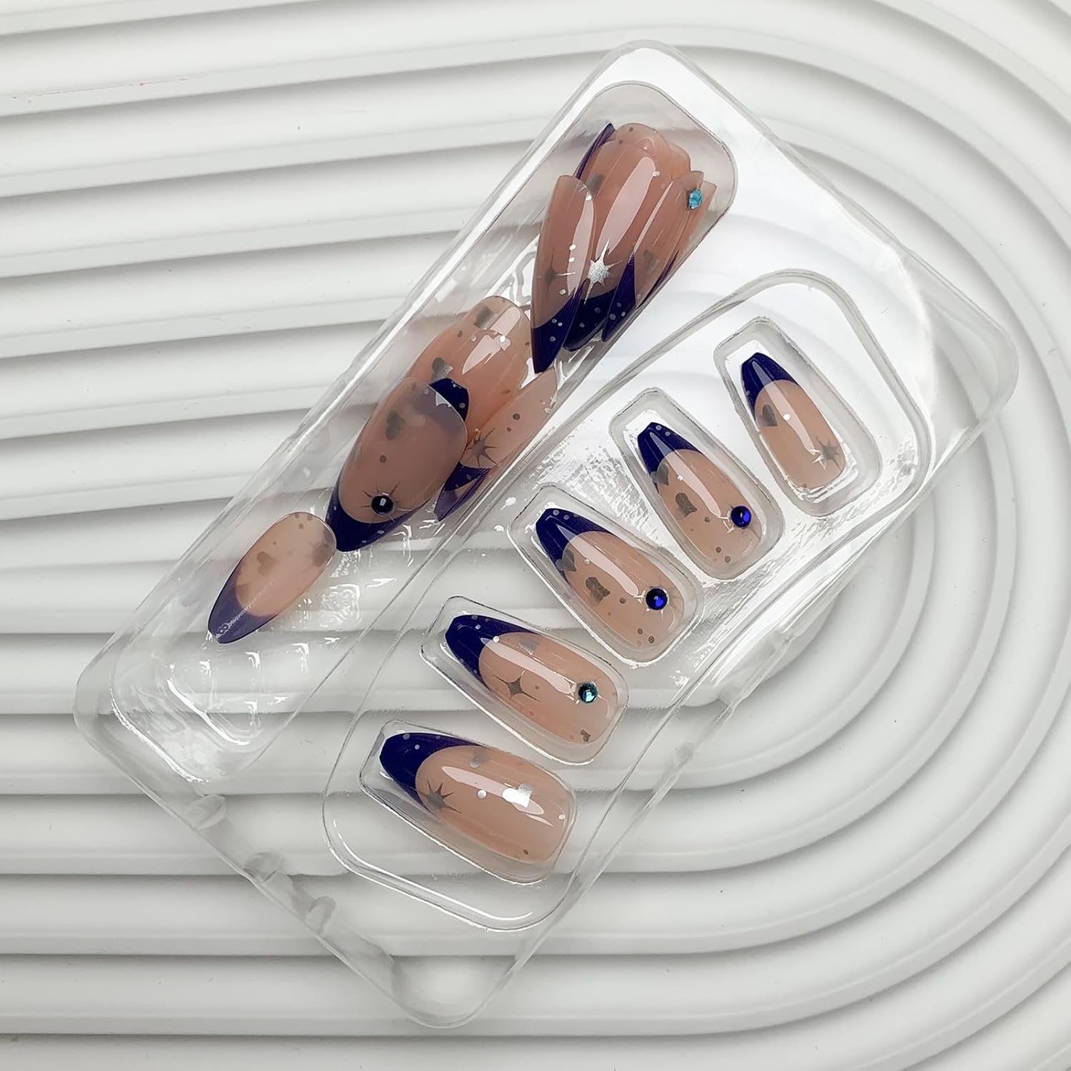 French Tip Press on Nails Medium Almond Fake Nails Blue Nails Tips Star Acrylic Nails with Rhinestone Glue on Nails Glossy Stick on Nails Artificial False Nails for Women Girls 24 Pcs - Image 3