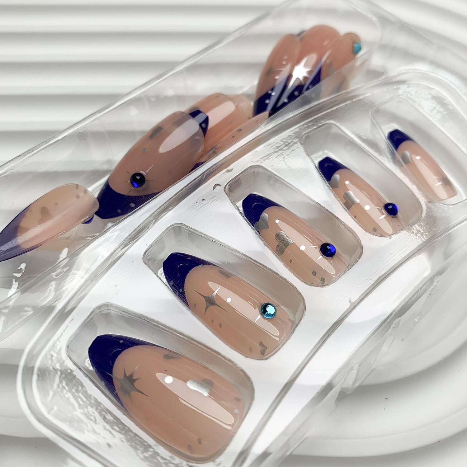 French Tip Press on Nails Medium Almond Fake Nails Blue Nails Tips Star Acrylic Nails with Rhinestone Glue on Nails Glossy Stick on Nails Artificial False Nails for Women Girls 24 Pcs - Image 2