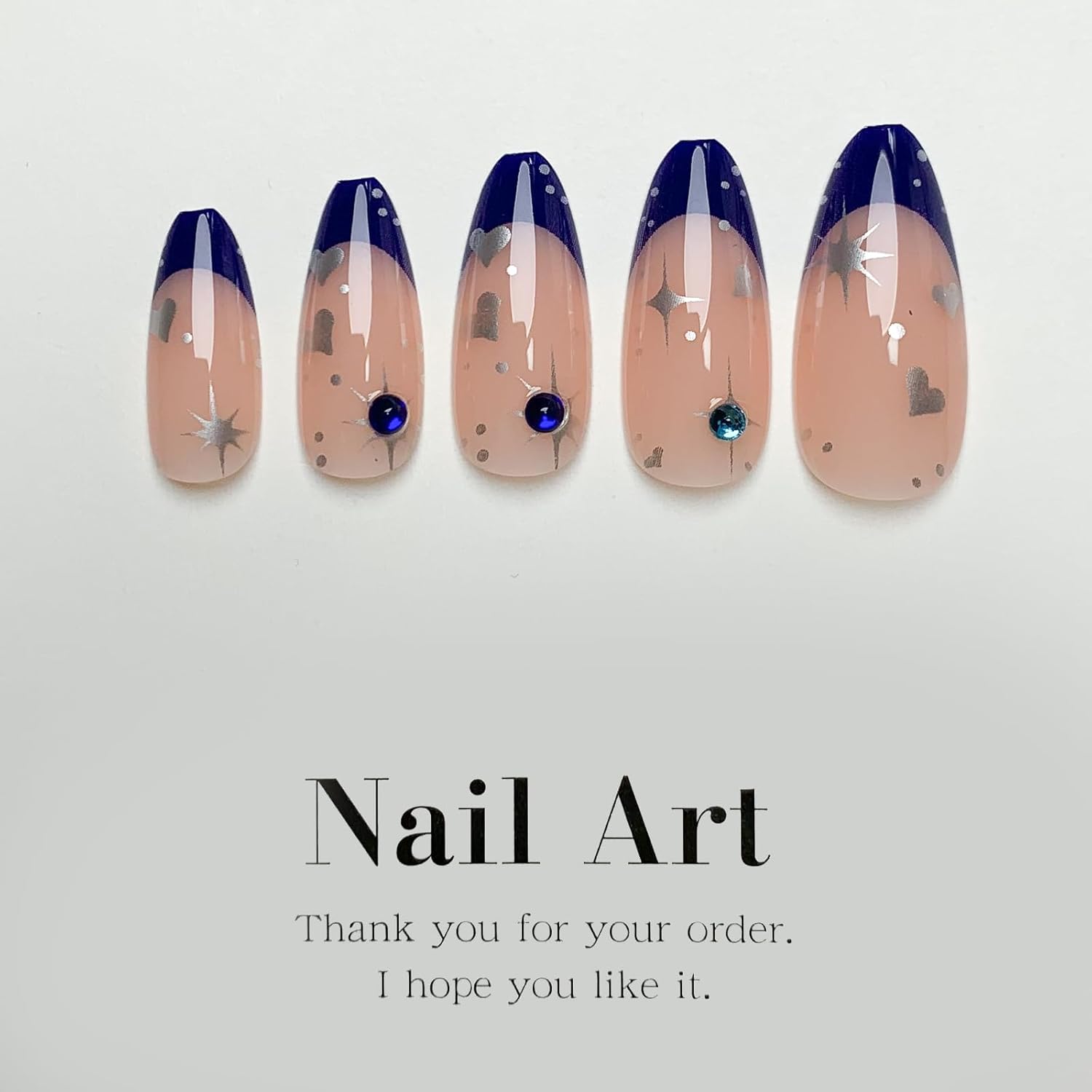 French Tip Press on Nails Medium Almond Fake Nails Blue Nails Tips Star Acrylic Nails with Rhinestone Glue on Nails Glossy Stick on Nails Artificial False Nails for Women Girls 24 Pcs