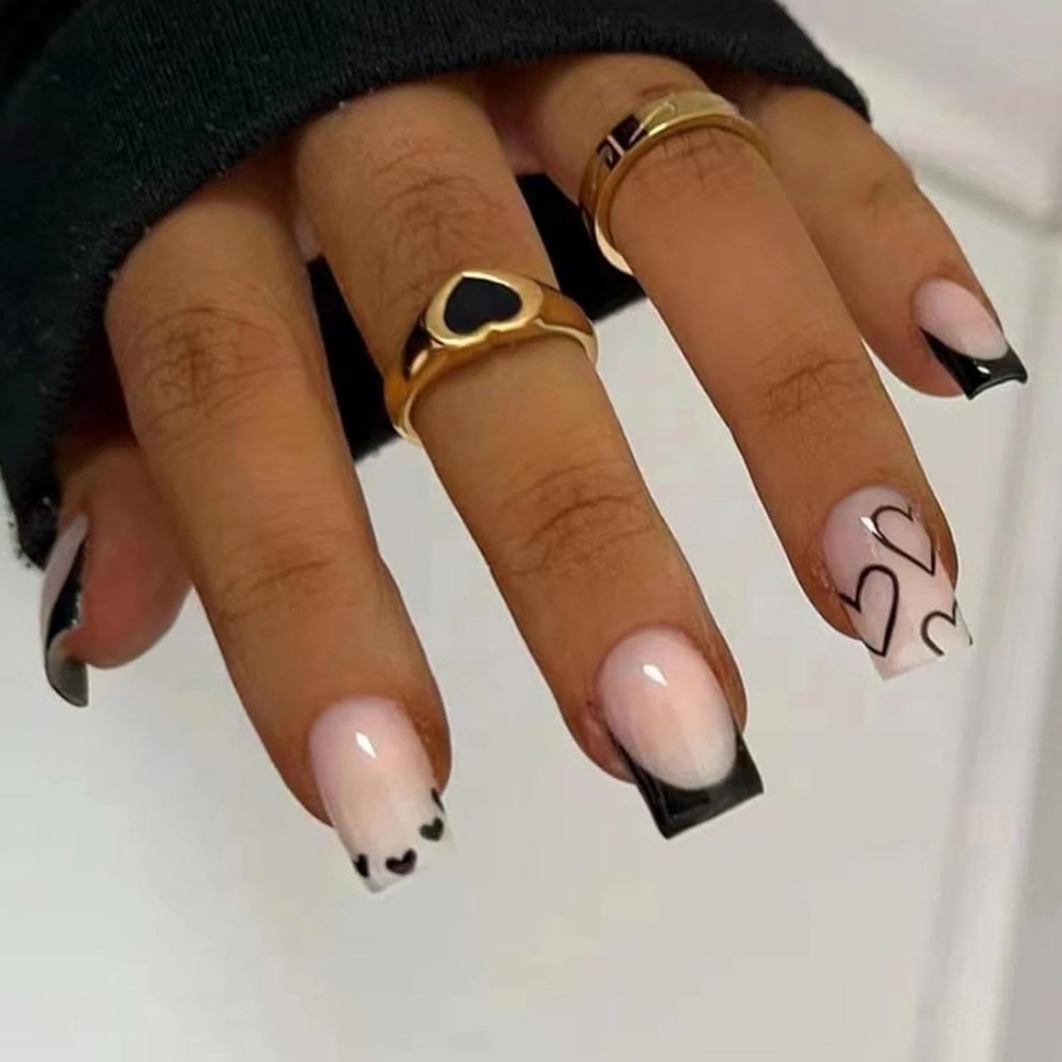 French Tip Press on Nails Short Square Fake Nails Black Acrylic Nails with White Heart Design Stick on Nails Artificial Full Cover Glossy Glue on Nails for Women Girls Valentine's Day Manicure 24pcs…