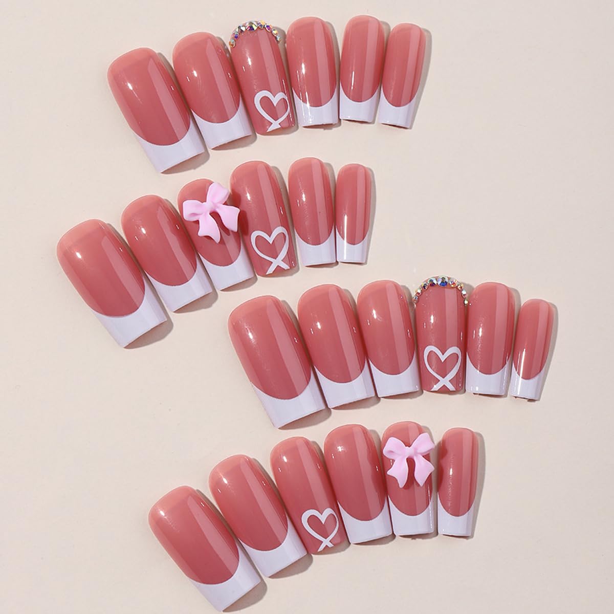 French Tip Press on Nails with Charms Medium Fake Nails White French Nails Press ons Cute Bow Stick on Nails Long Square Shape Acrylic Nails Heart Nails Rhinestones Nails for Women Daily Wear - Image 2