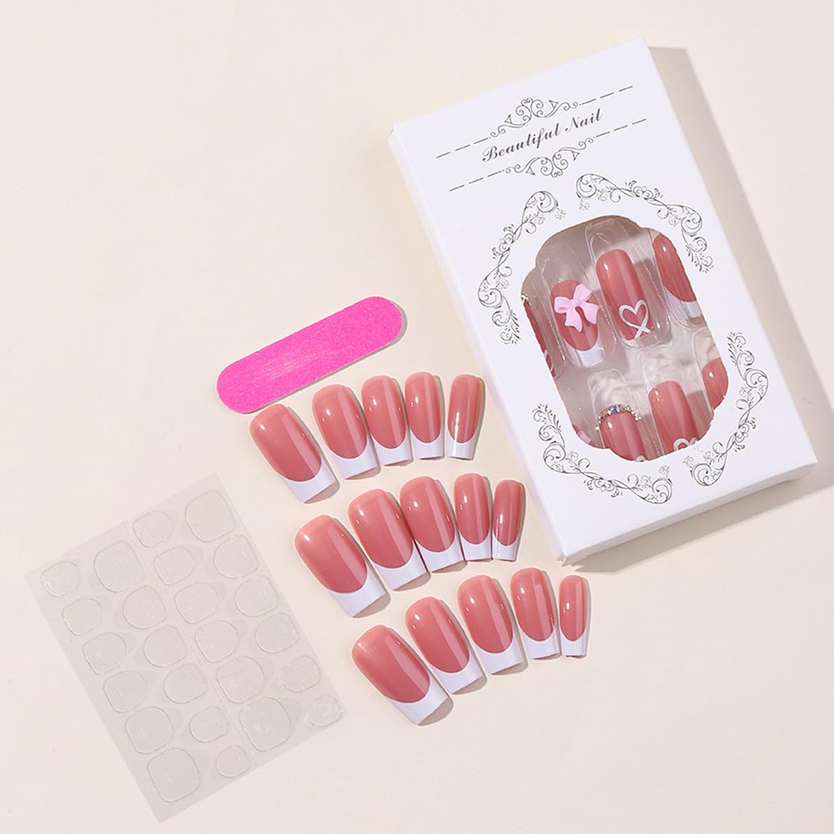 French Tip Press on Nails with Charms Medium Fake Nails White French Nails Press ons Cute Bow Stick on Nails Long Square Shape Acrylic Nails Heart Nails Rhinestones Nails for Women Daily Wear - Image 5