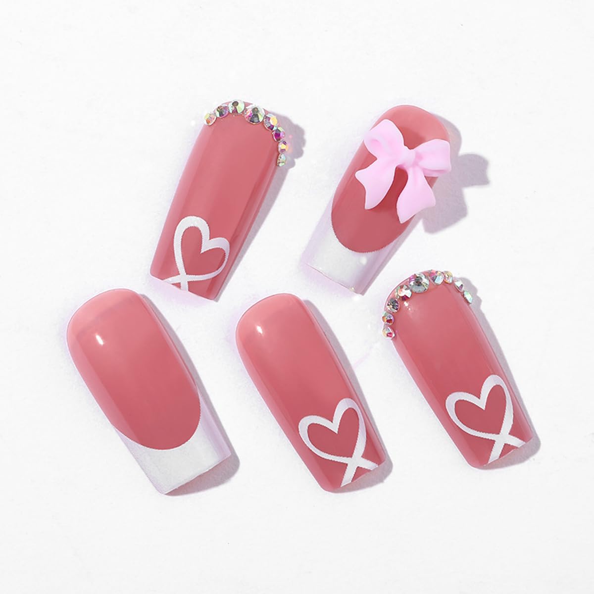 French Tip Press on Nails with Charms Medium Fake Nails White French Nails Press ons Cute Bow Stick on Nails Long Square Shape Acrylic Nails Heart Nails Rhinestones Nails for Women Daily Wear - Image 4