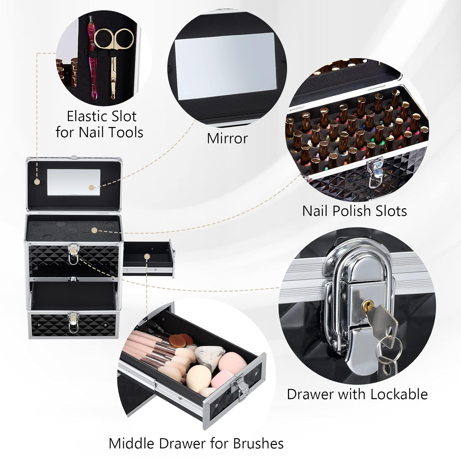 Frenessa Black Makeup Train Case with Drawer, Dividers, and Mirror - Image 5