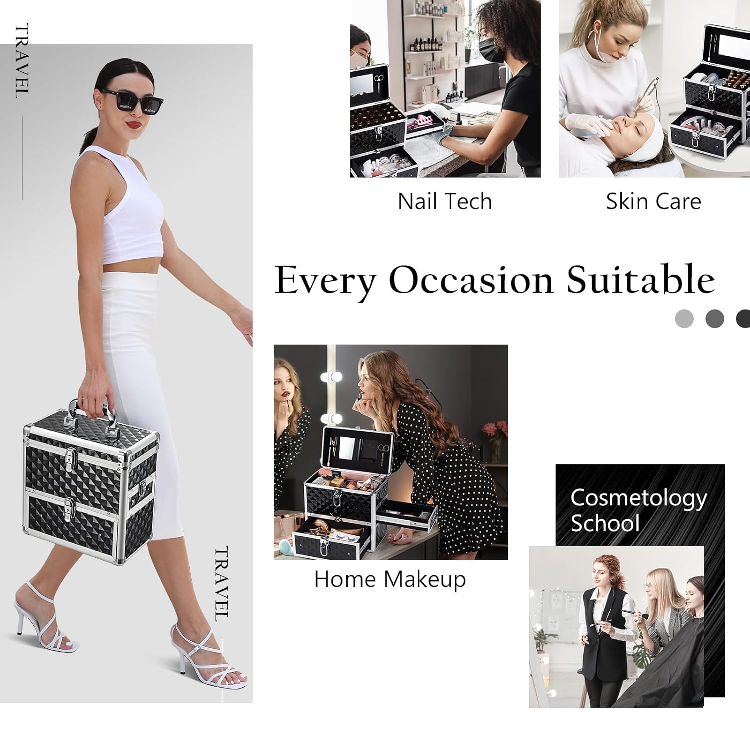 Frenessa Black Makeup Train Case with Drawer, Dividers, and Mirror - Image 4