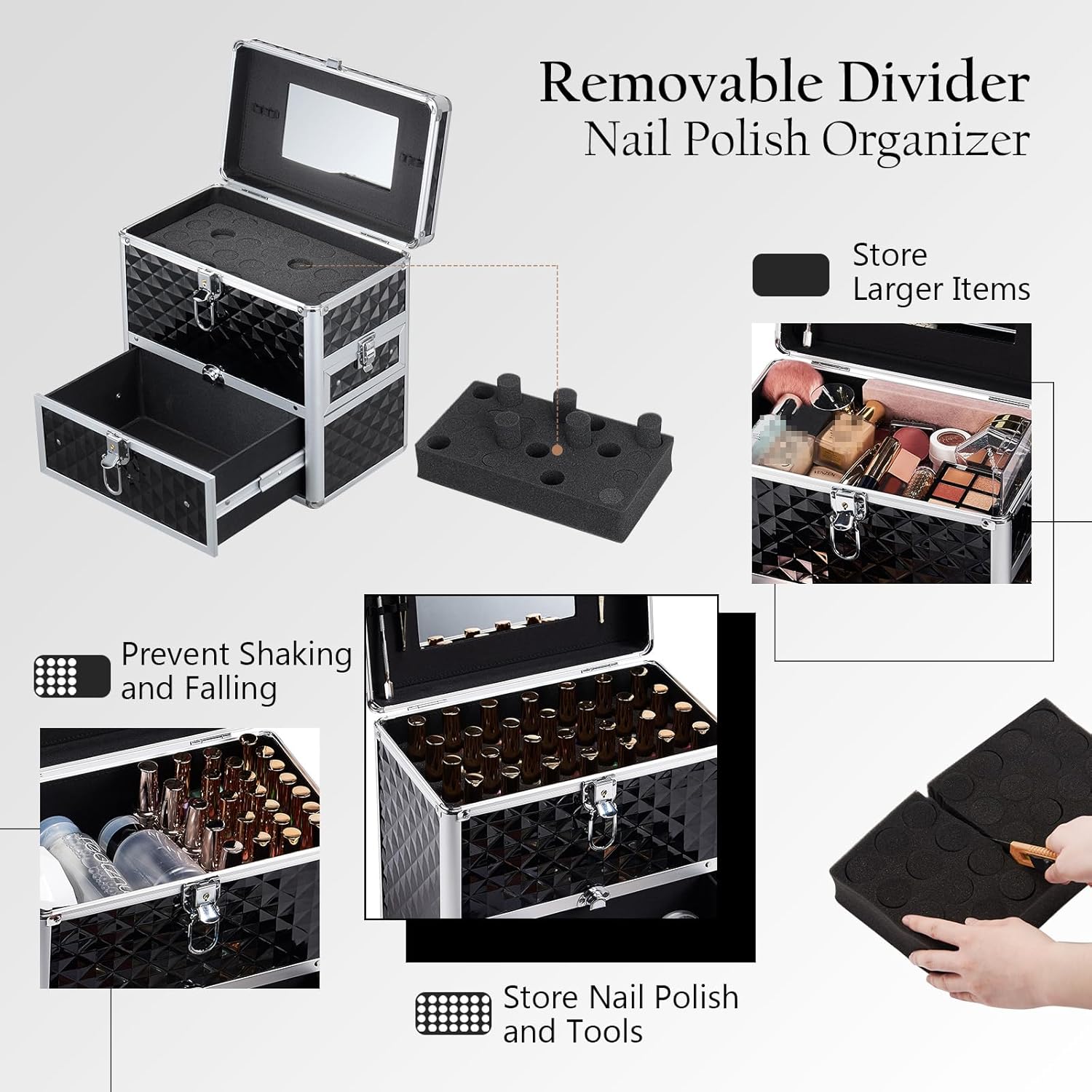 Frenessa Black Makeup Train Case with Drawer, Dividers, and Mirror - Image 3