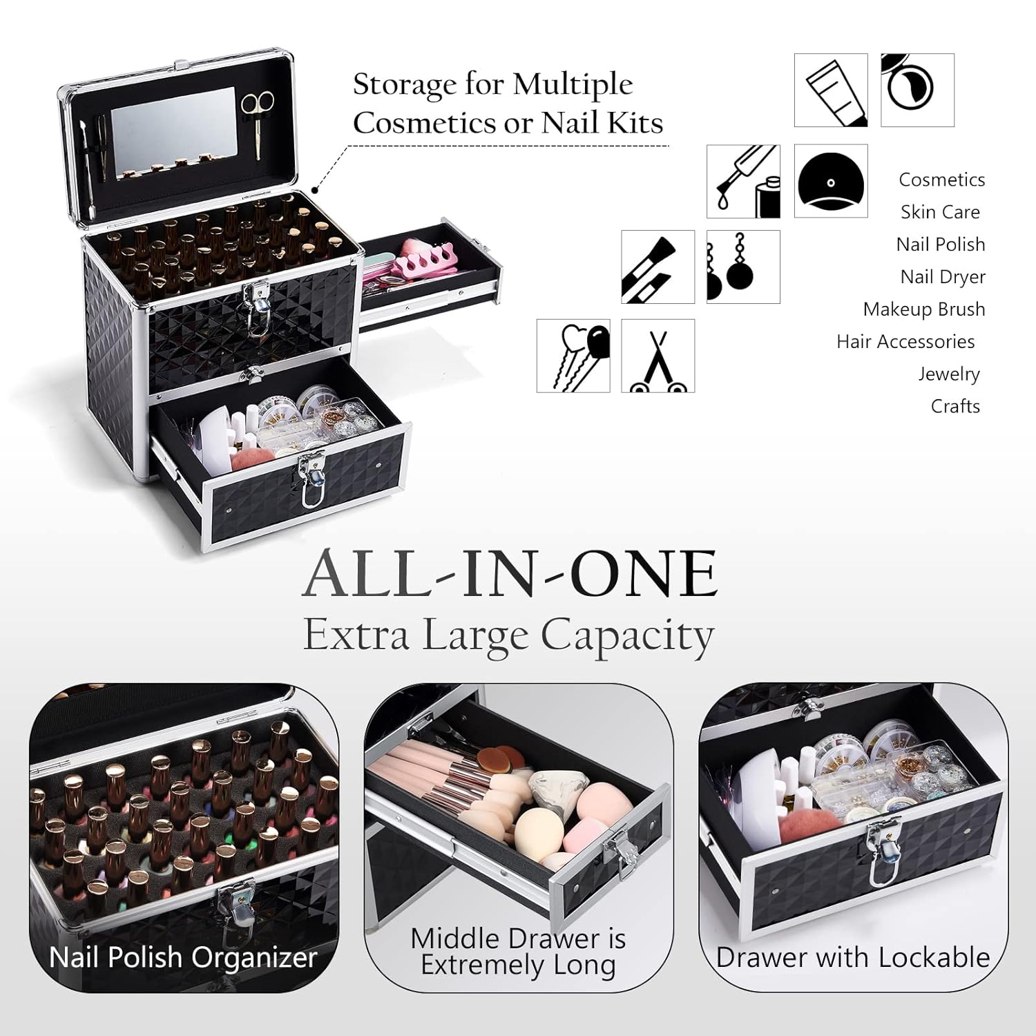 Frenessa Black Makeup Train Case with Drawer, Dividers, and Mirror - Image 2