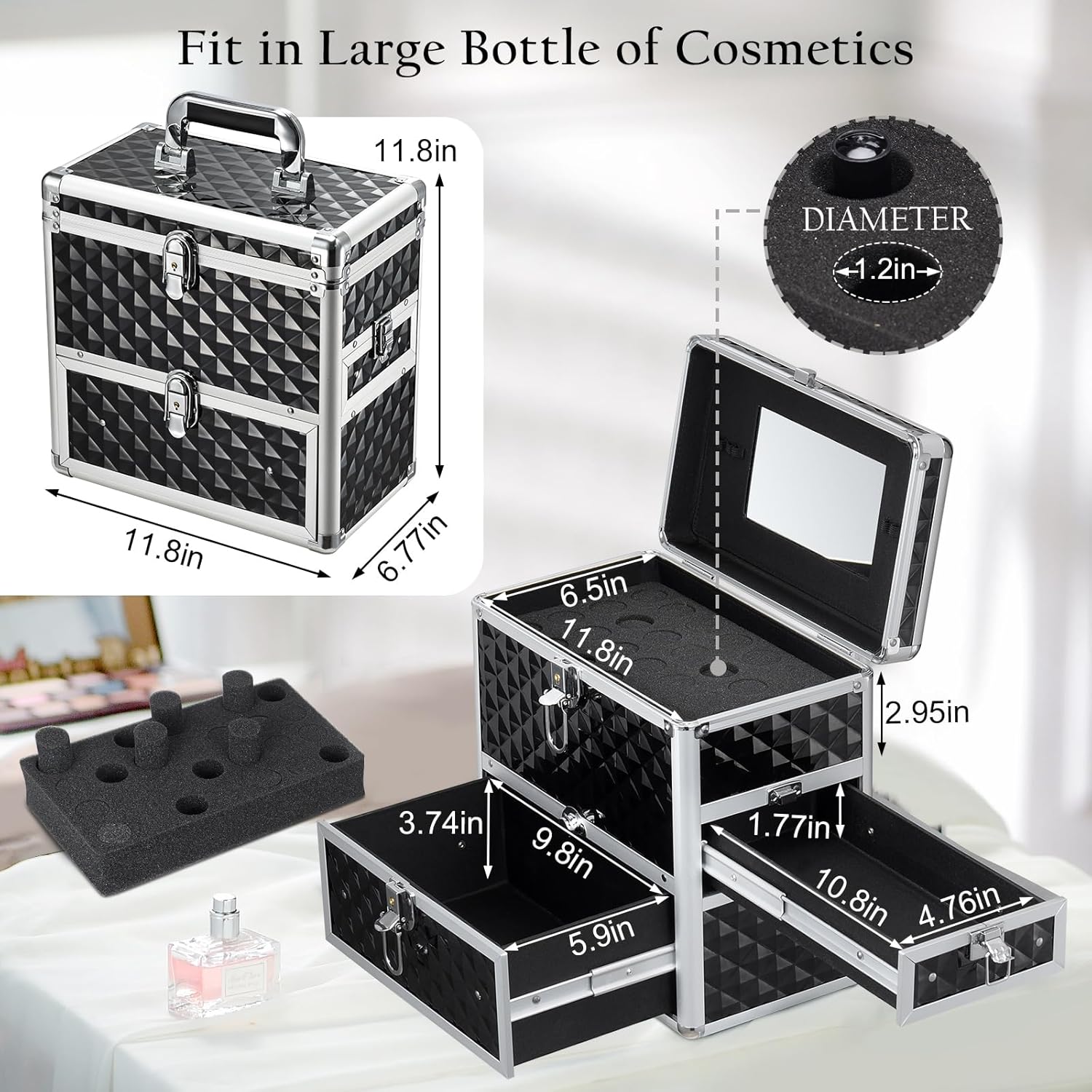 Frenessa Black Makeup Train Case with Drawer, Dividers, and Mirror - Image 6