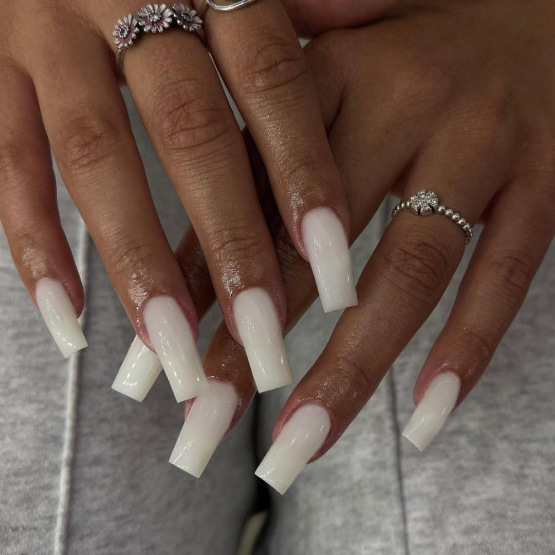 Frosting White Press on Nails Medium Long Square,Solid Color Coffin Fake Nails Press on Classic Glue on Nails Opaque Acrylic Nails Set White Nails for Women Girls in 24 PCS - Image 3