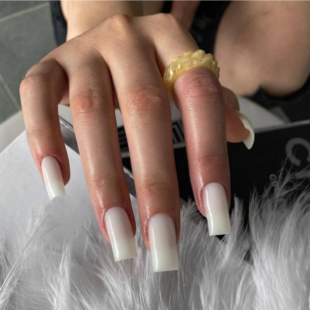 Frosting White Press on Nails Medium Long Square,Solid Color Coffin Fake Nails Press on Classic Glue on Nails Opaque Acrylic Nails Set White Nails for Women Girls in 24 PCS - Image 2